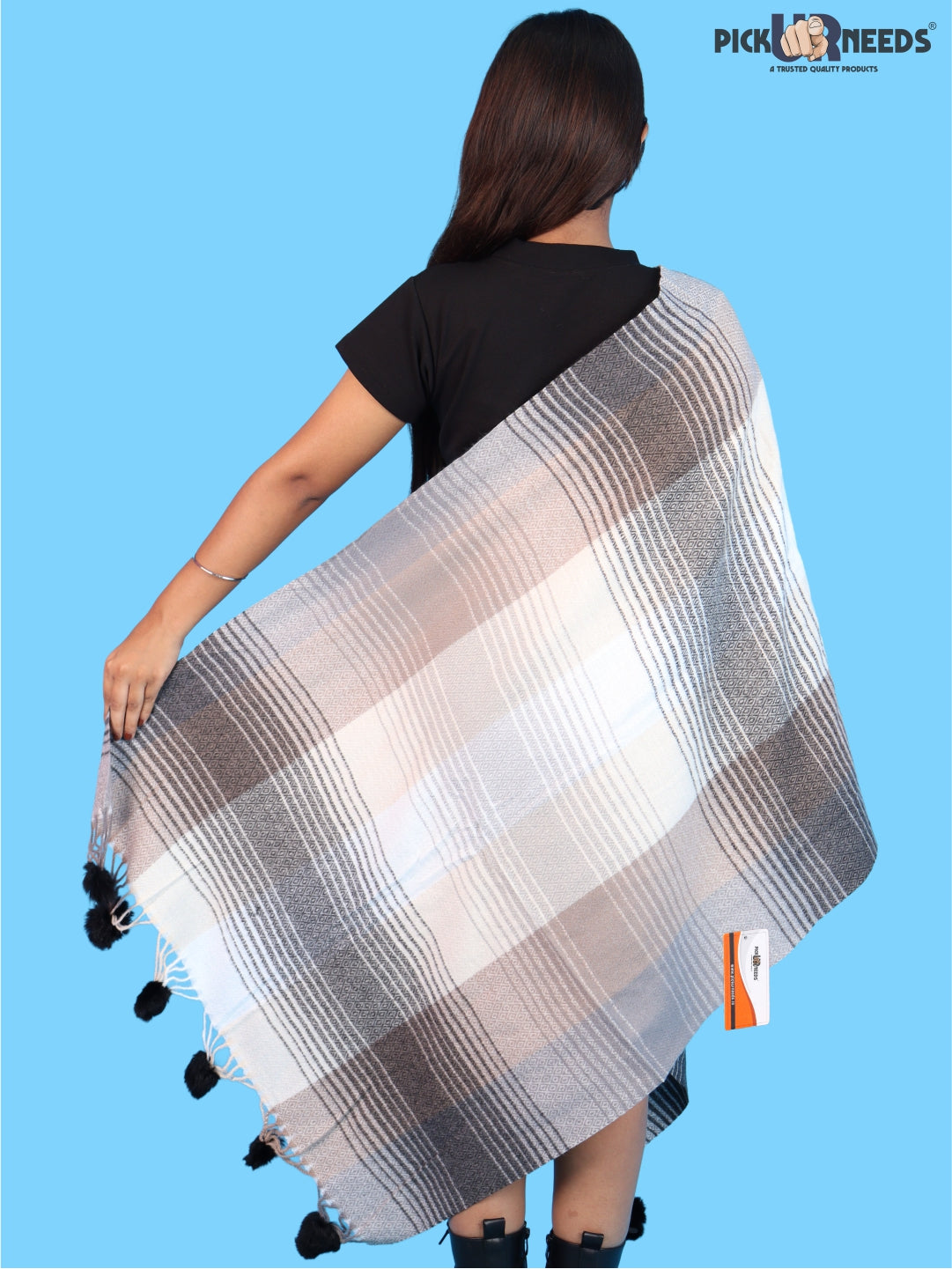 Pick Ur Needs Women & Girls Winter Shawl Soft Warm Striped Pattern Shawl with Tassel & Pom Pom Border Stylish Ladies Winter Wrap