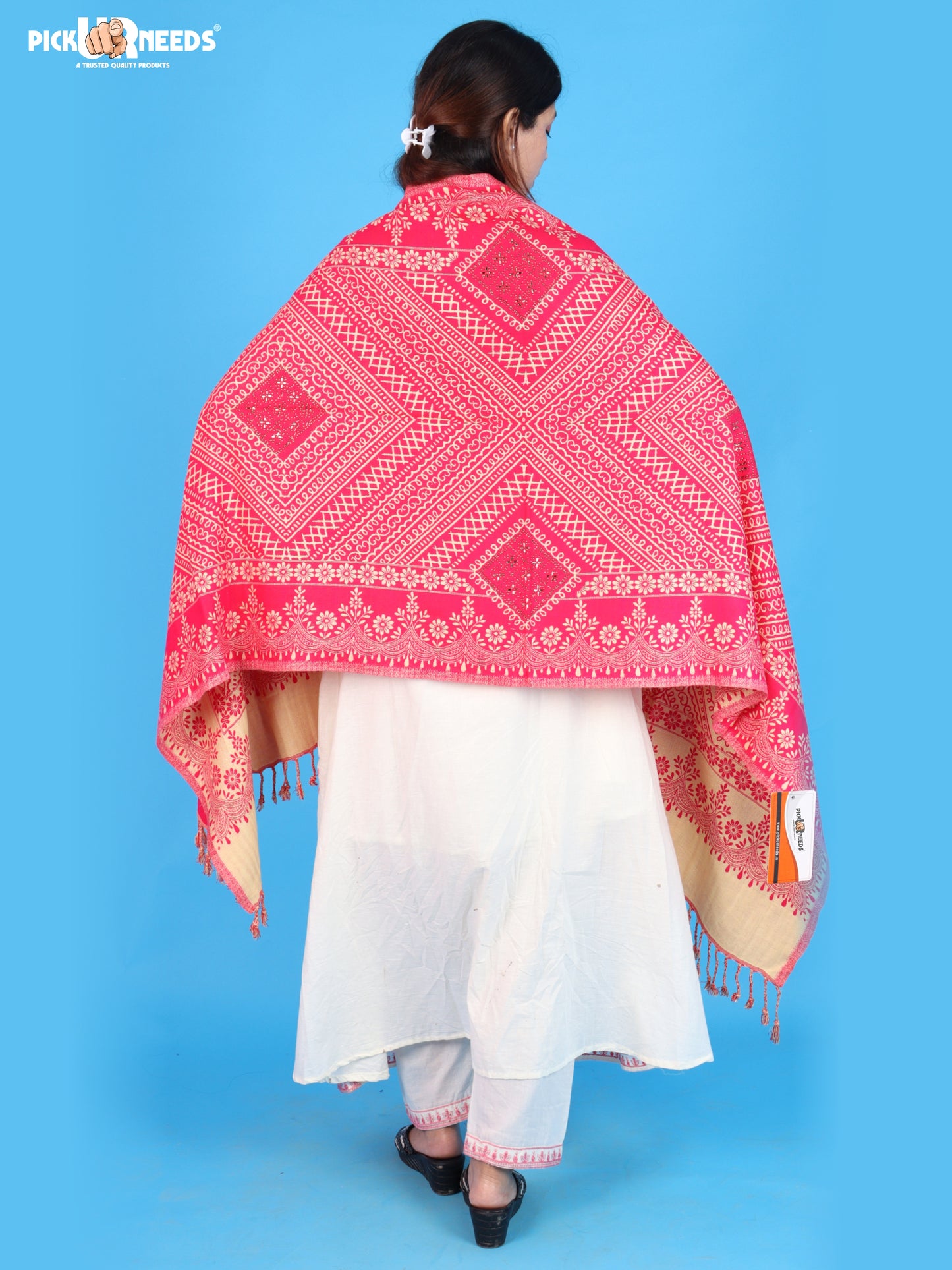 Pick Ur Needs Womens Elegant Embroidered Pattern Shawl Statement Wrap with Artistic Motif Work & Fringe Detailing Girls Stole for Ethnic and Casual Styling