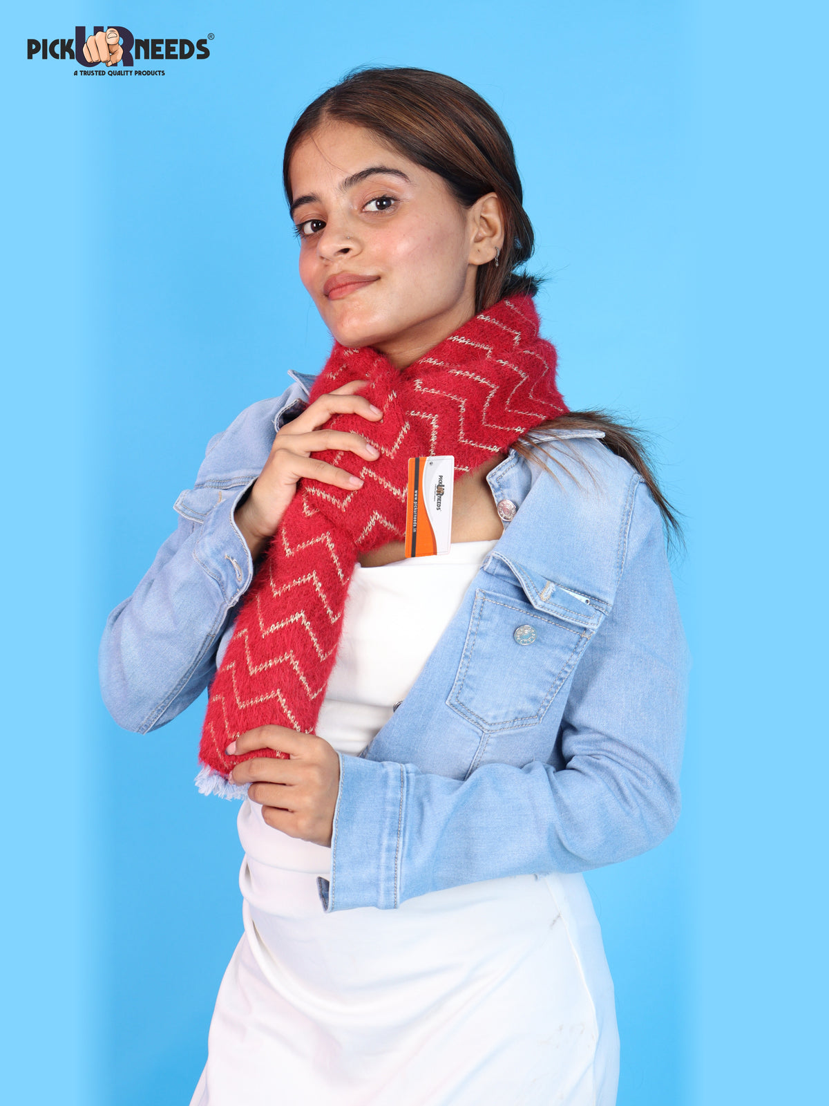 Pick Ur Needs Premium Woolen Winter Muffler with Gold Zigzag Pattern | Soft, Warm & Stylish Scarf for Women