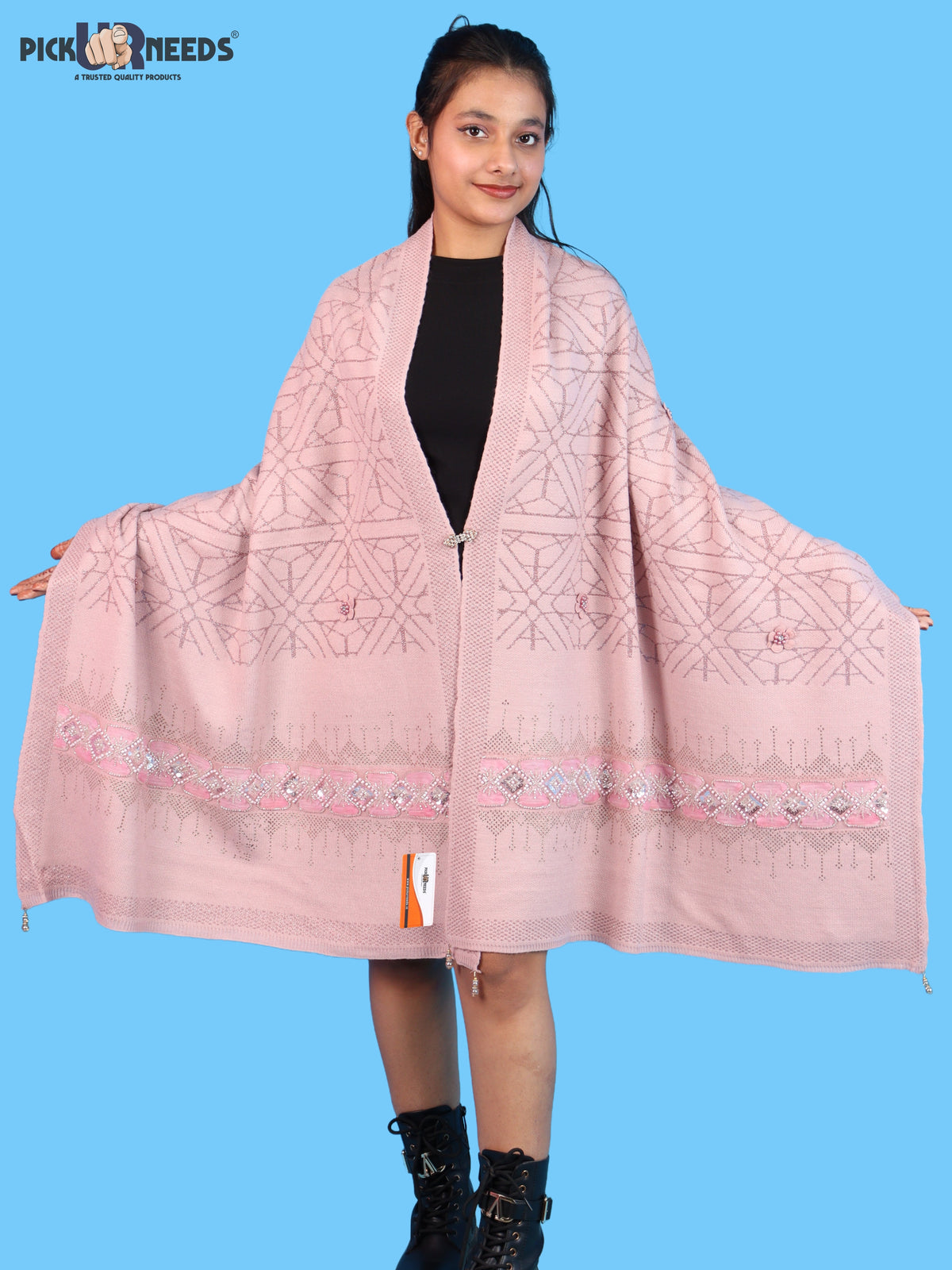 Pick Ur Needs Womens Soft Woolen Winter Girls Shawl with Elegant Geometric Design & Floral Embellishments Lightweight Warm Comfortable Ladies Shawl