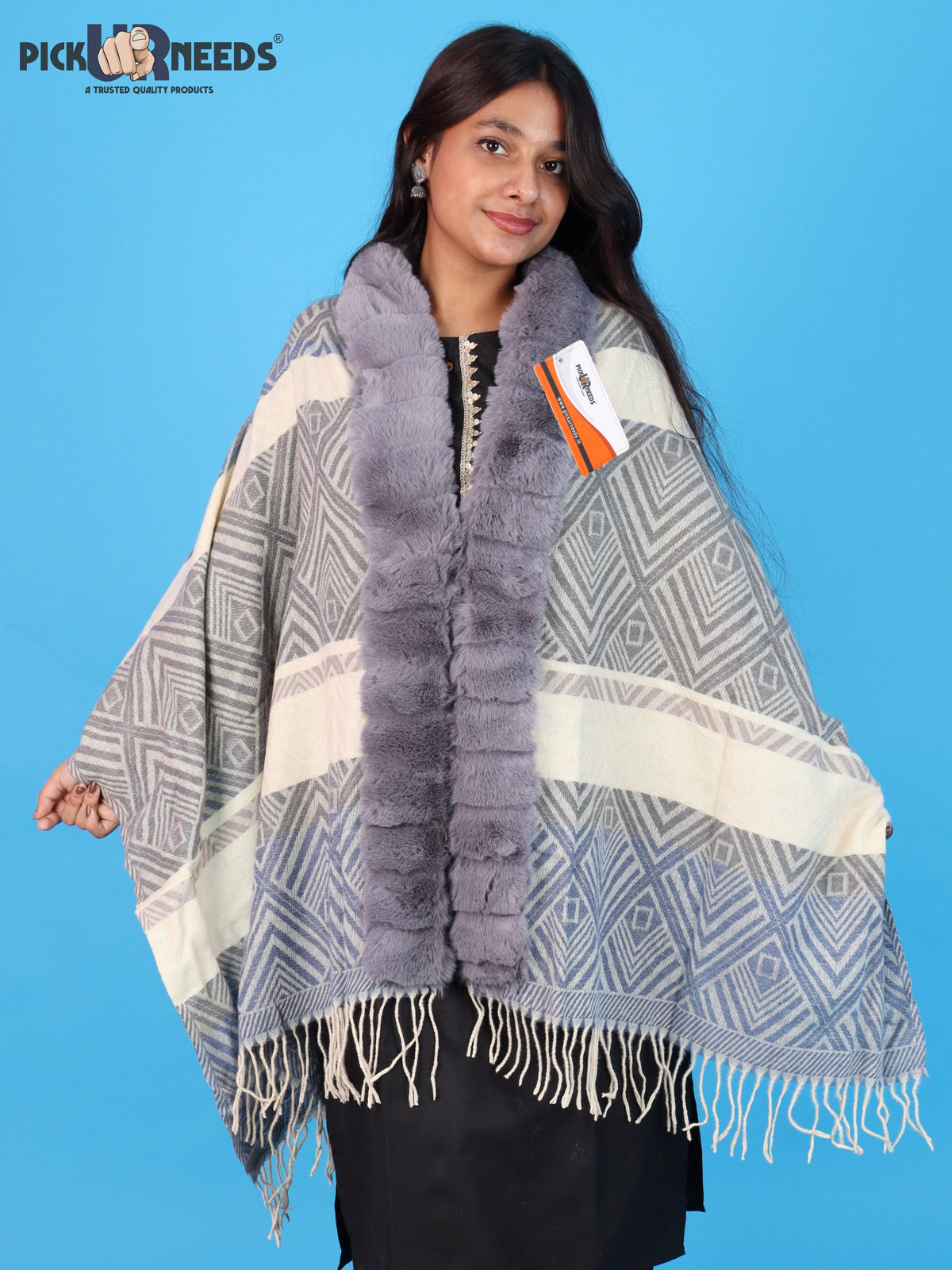 Pick Ur Needs Elegant Winter Soft & Warm Woolen Shawl with Faux Fur Border Multi Color Pattern Scarf
