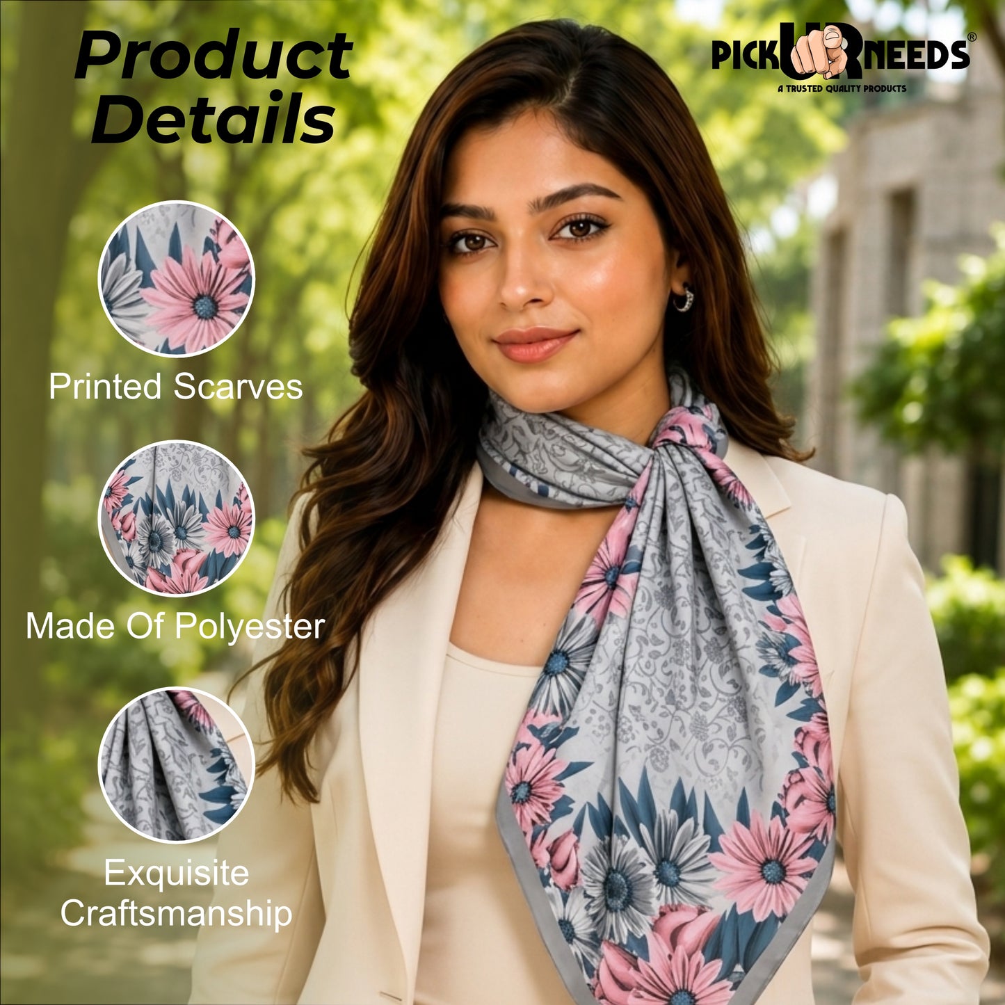 Pick Ur Needs Premium Summer Satin Silk Floral Printed Scarf for Womens & Girls Neck, Head, Shoulder Wrap Stole