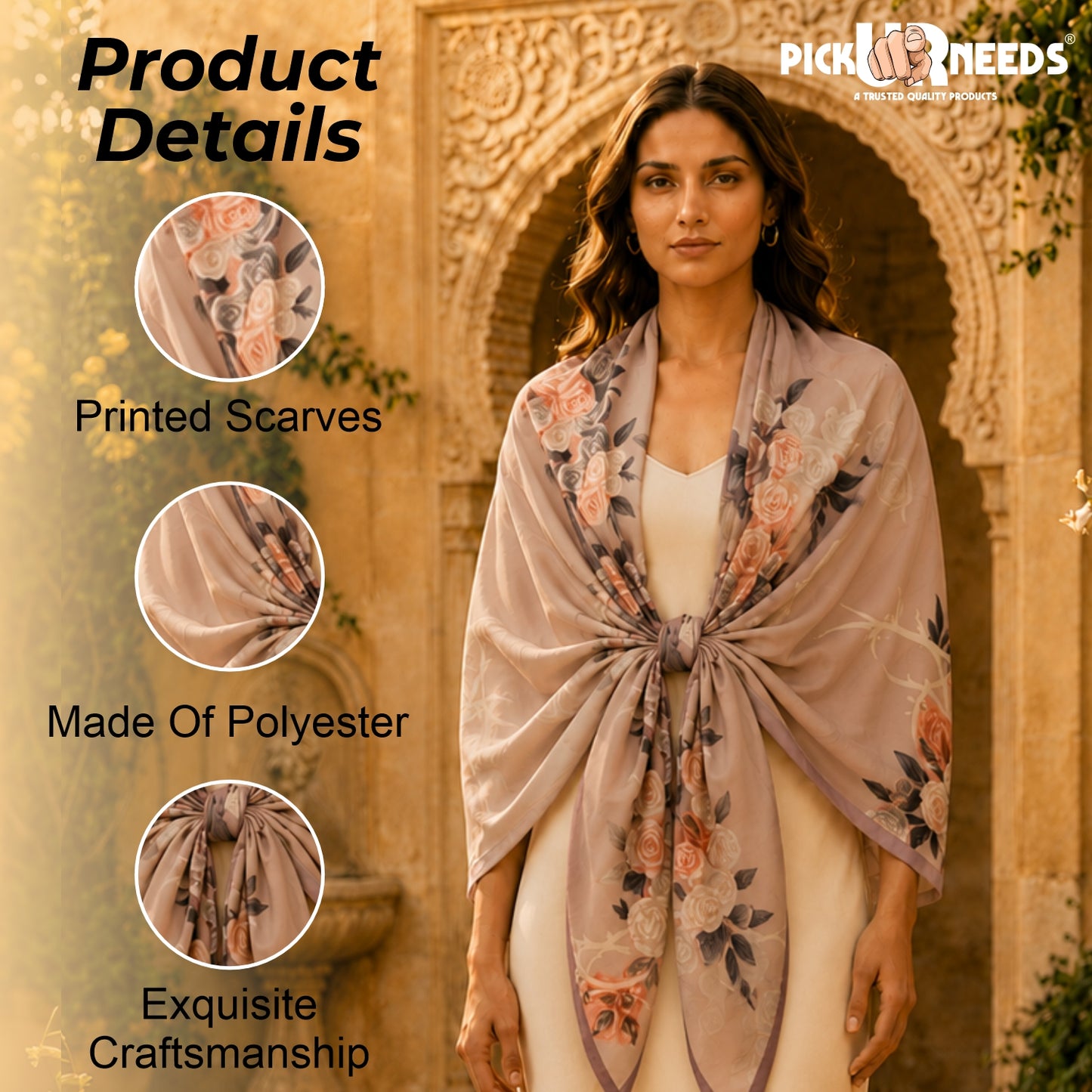 Pick Ur Needs Summer Silk Floral Printed Scarf for Womens & Girls Elegant Neck, Head & Shoulder Wrap Soft Lightweight Fashion Stole