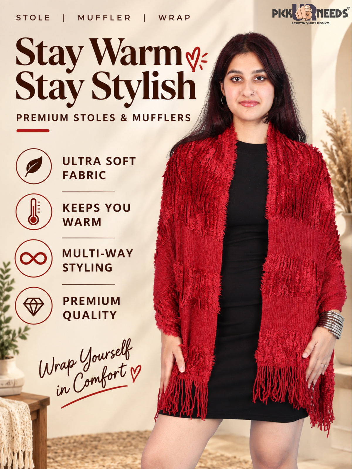 Pick Ur Needs Warm Winter Shawl & Stole for Women & Girls Soft Textured Woven Wrap with Fringe Detailing