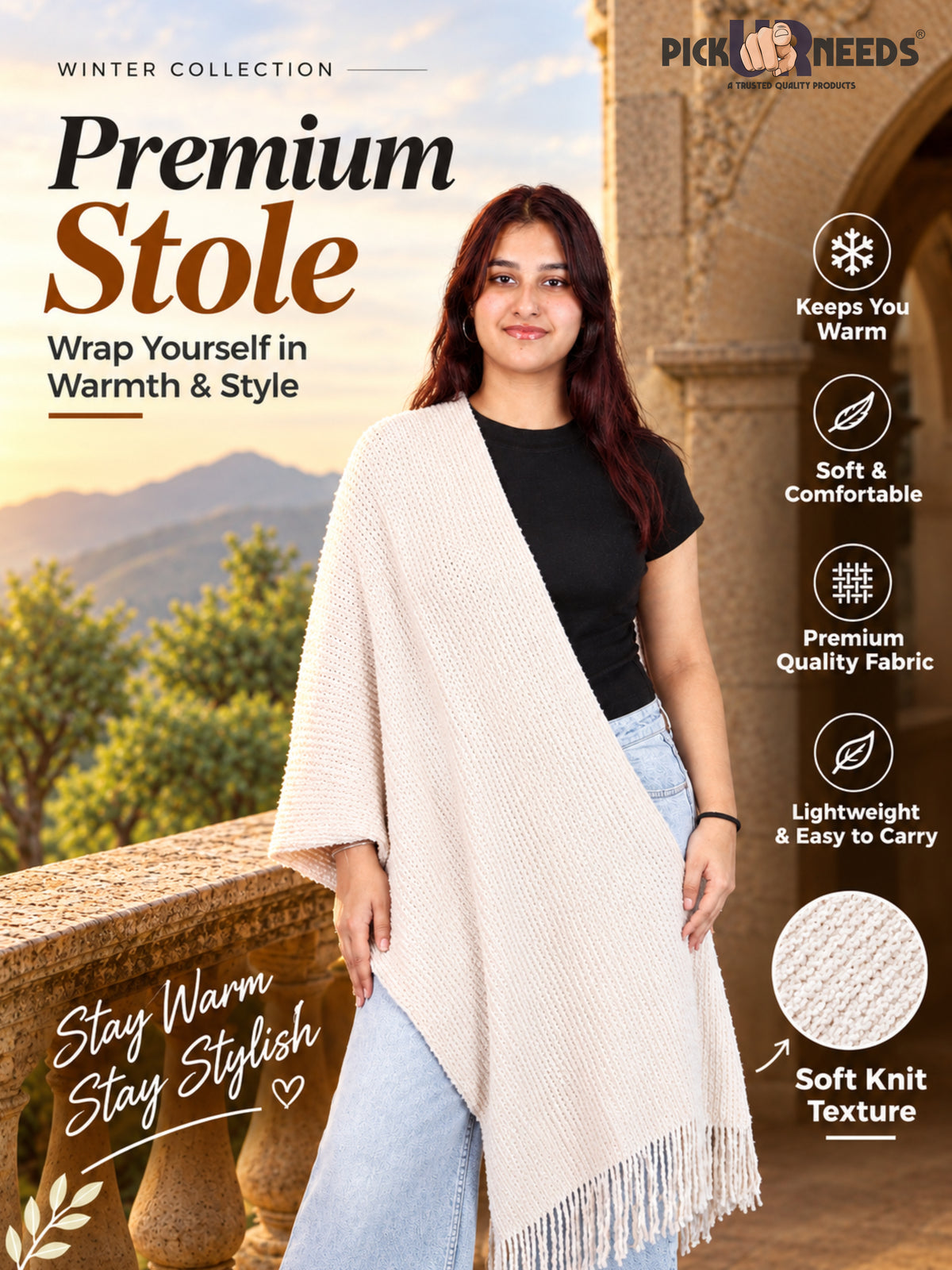 Pick Ur Needs Womens Winter shawl with Soft Plush Texture & Long Fringe Detailing Elegant Wrap for Ladies & Girls Cozy Seasonal Shoulder Cover for Casual, Ethnic & Western Outfits