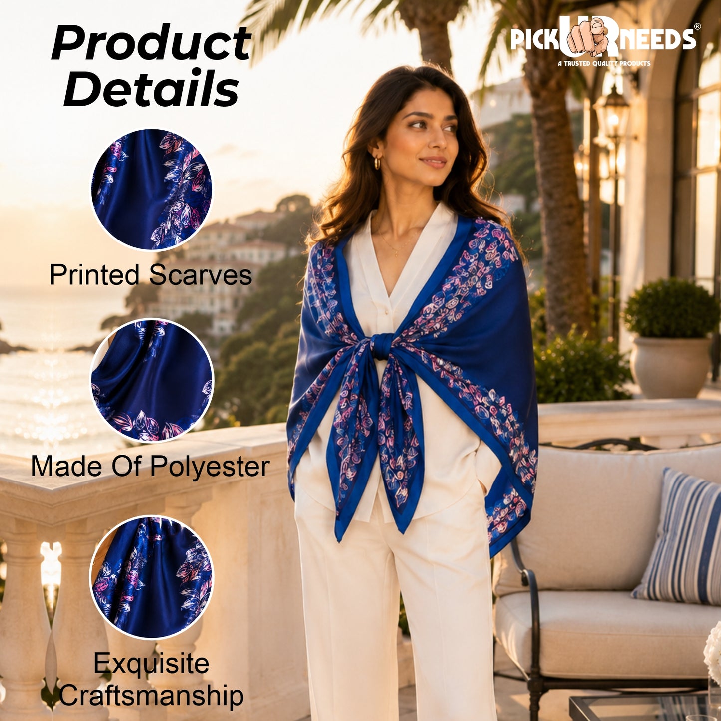Pick Ur Needs Premium Satin Silk Feel Rectangle Scarf for Womens & Girls Floral Printed Long Fashion Stall Soft Lightweight Neck, Head & Shoulder Wrap