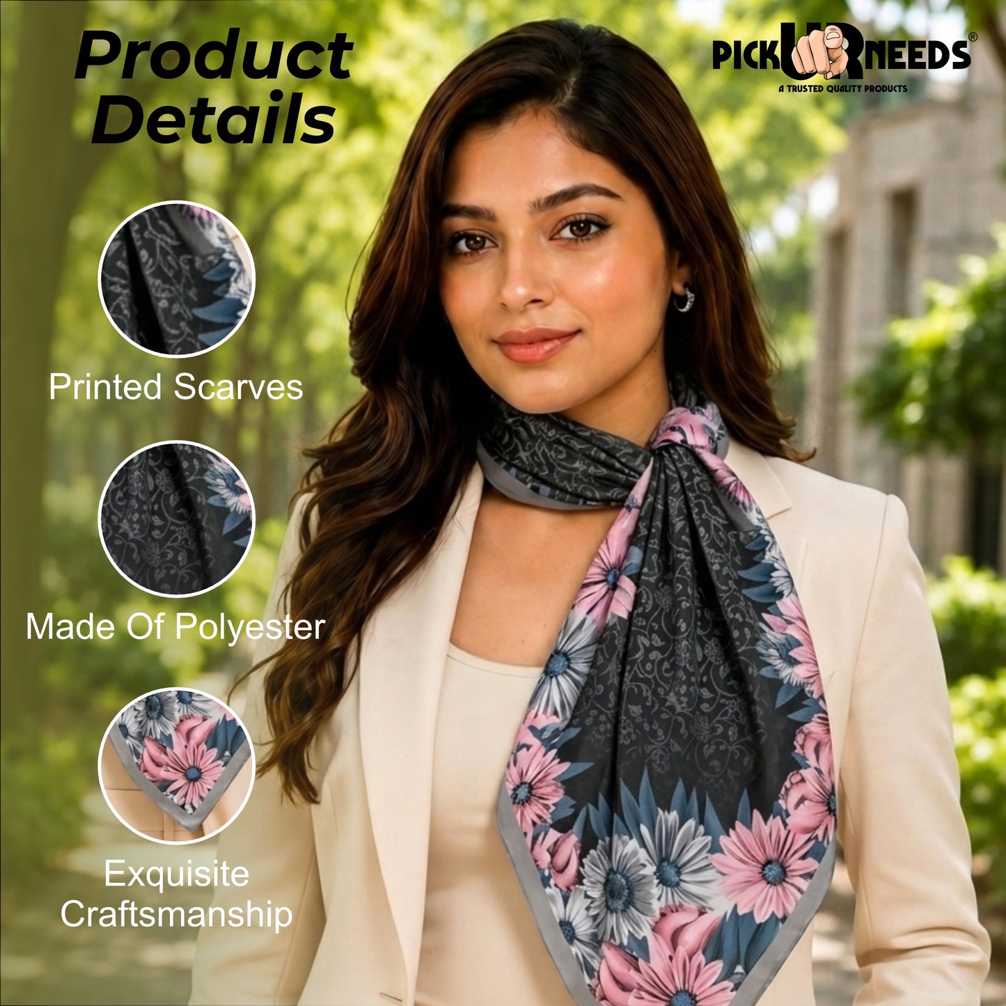 Pick Ur Needs Premium Summer Satin Silk Floral Printed Scarf for Womens & Girls Neck, Head, Shoulder Wrap Stole