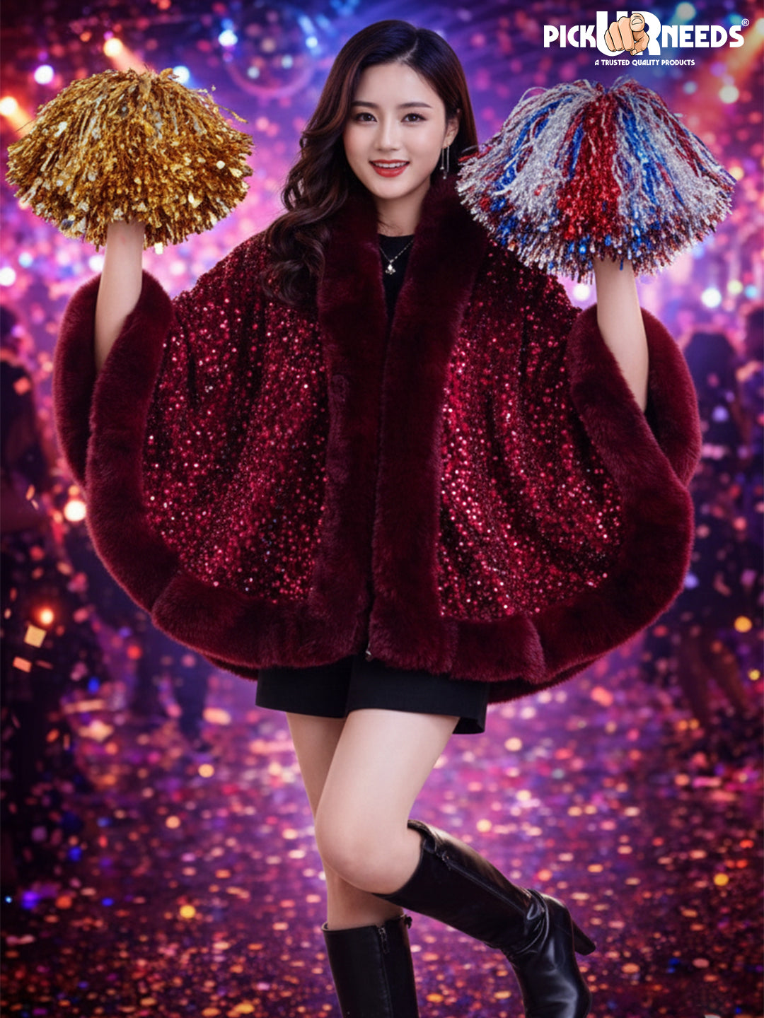 Visit the Pick Ur Needs Store Pick Ur Needs Luxury Sequin Faux Fur Shawl for Women Poncho & Winter Shrug Soft Warm Designer Wrap for Evening Parties