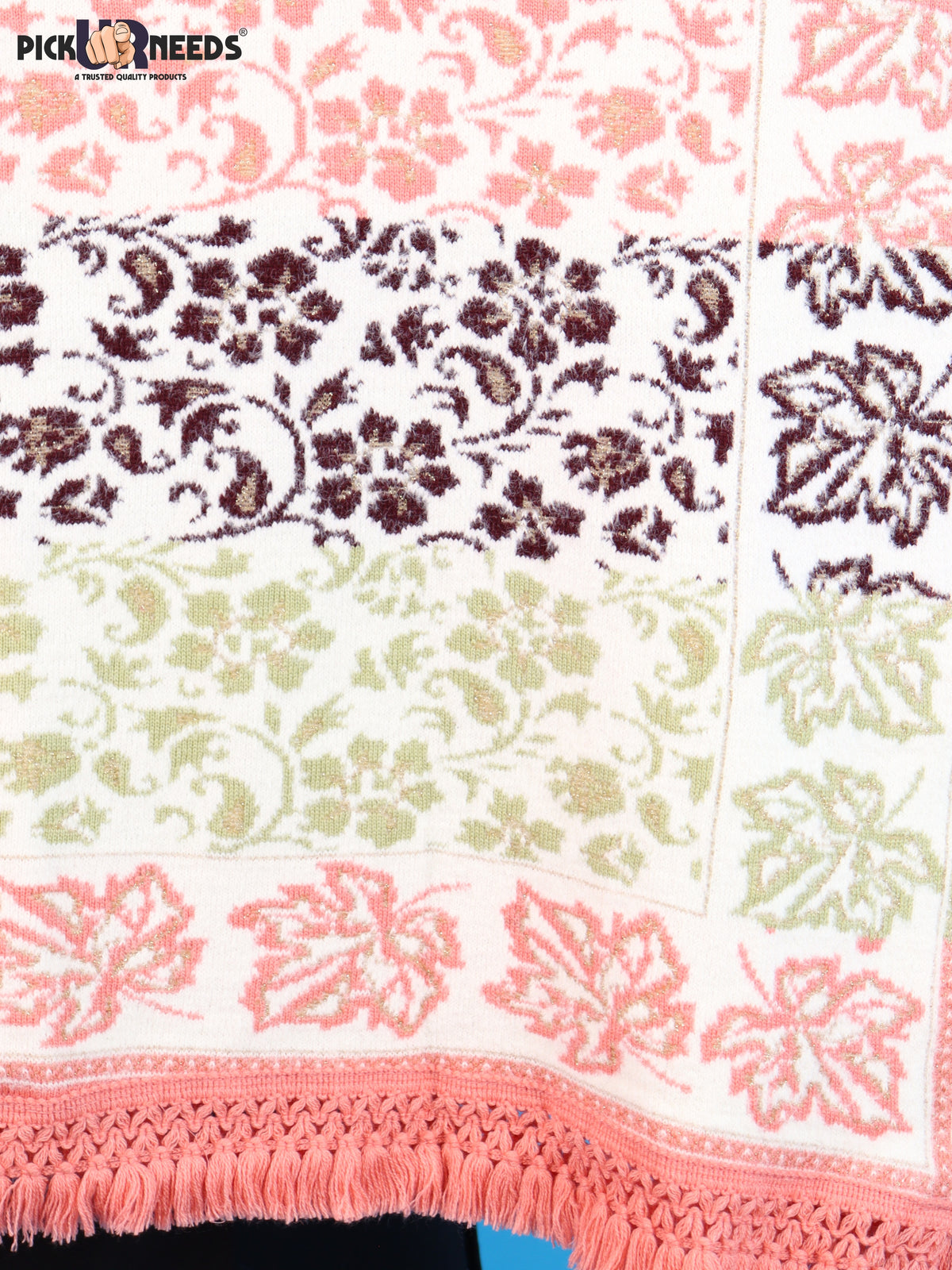 Pick Ur Needs Womens & Girls Winter Premium Shawl Floral Patterned Wool Blend Wrap with Decorative Border & Fringe Finish