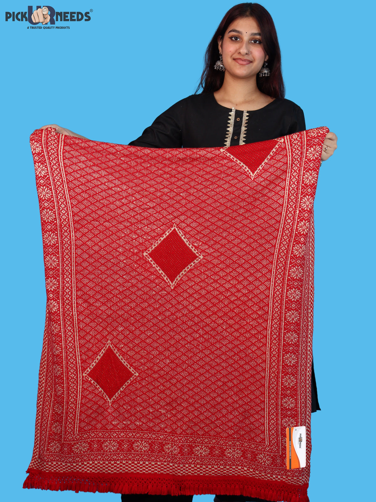 Pick Ur Needs Women & Girls Designer Shawl Stole with Elegant Woven Floral & Geometric Pattern, Soft Warm Winter Wrap with Fringed Border, Stylish Shoulder Scarf for Ladies