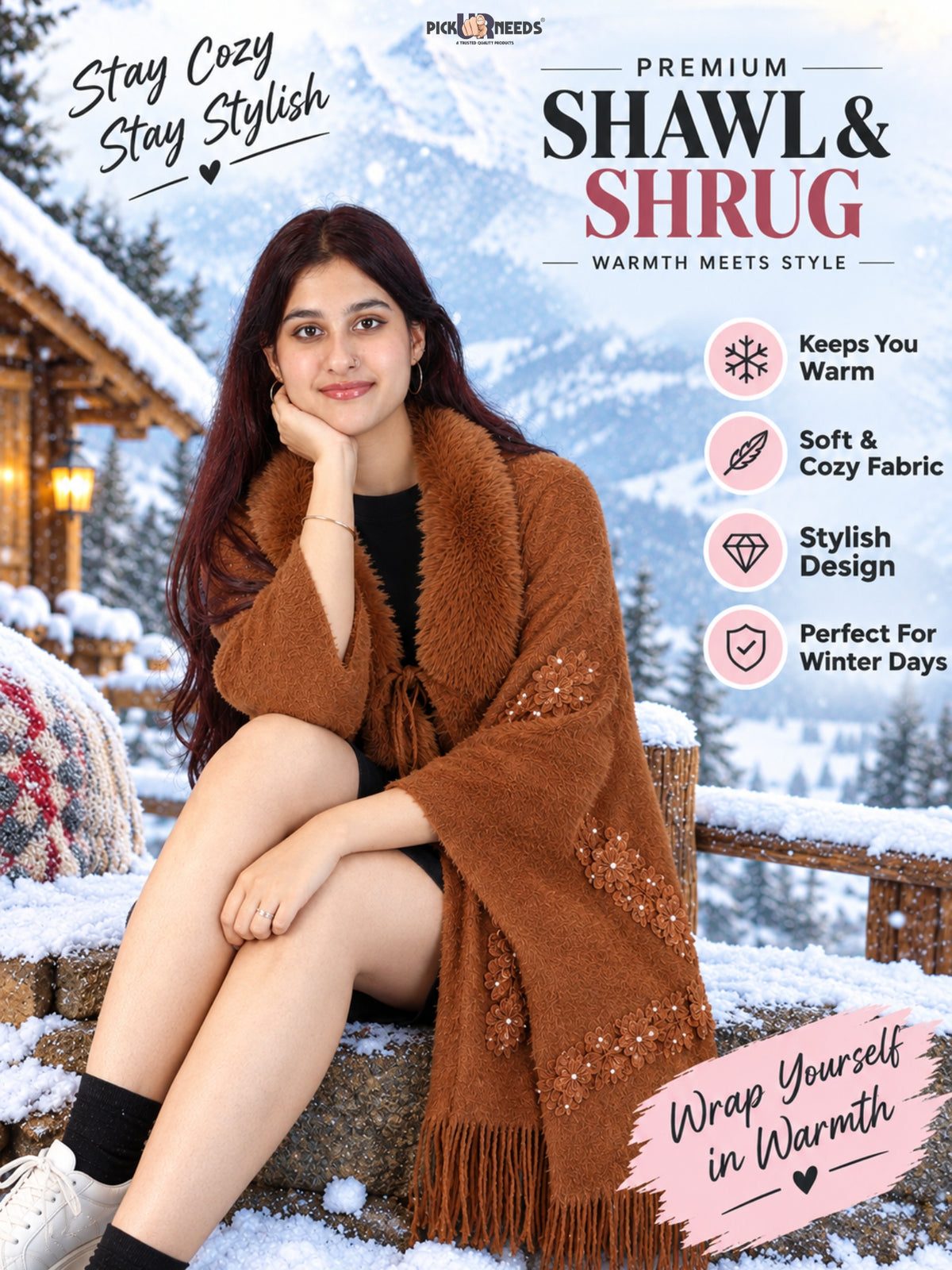 Pick Ur Needs Womens Premium Winter Shawl Shrug with Soft Fur Collar, Floral Embroidery, Pom-Pom Tie & Fringe Detailing Stylish Warm Wrap for Girls
