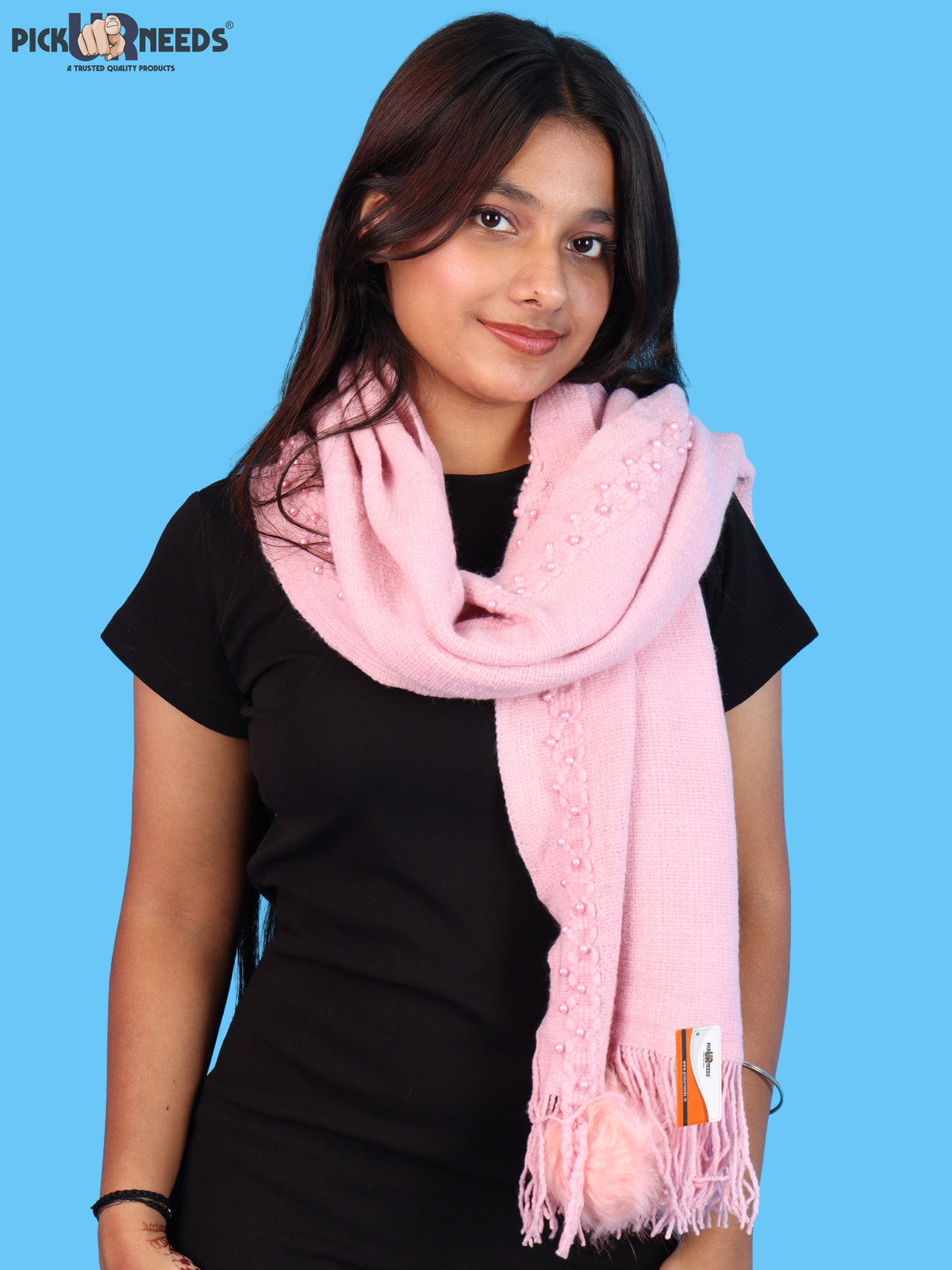 Pick Ur Needs Women & Girls Elegant Woolen Shawl with Beaded Border & Fringed Ends, Soft Warm Lightweight Winter Wrap Stole