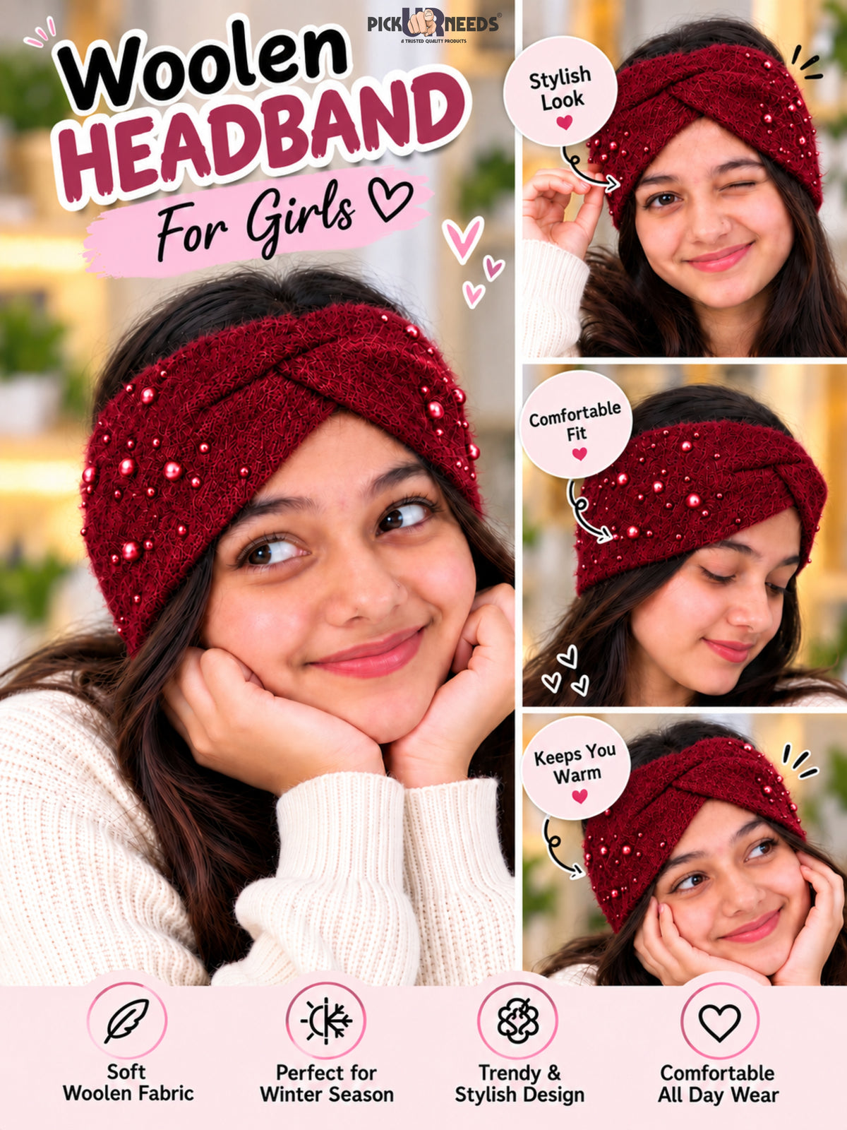 Pick Ur Needs Winter Ear Warmer Kanpatti Soft Woolen Headband with Elegant Pearl Design Warm Stretchable For Womens & Girls