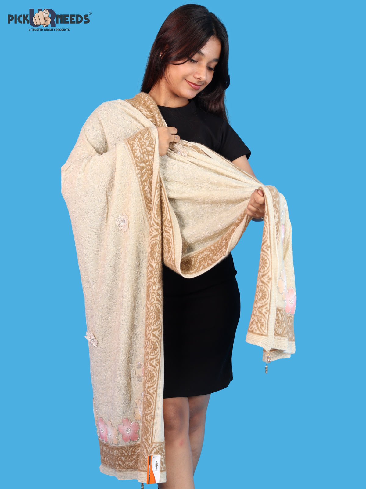 Pick Ur Needs Winter Woolen Womens Open Front Stylish Shrug with Elegant Floral Embroidery & Designer Border Soft Warm for Ladies & Girls