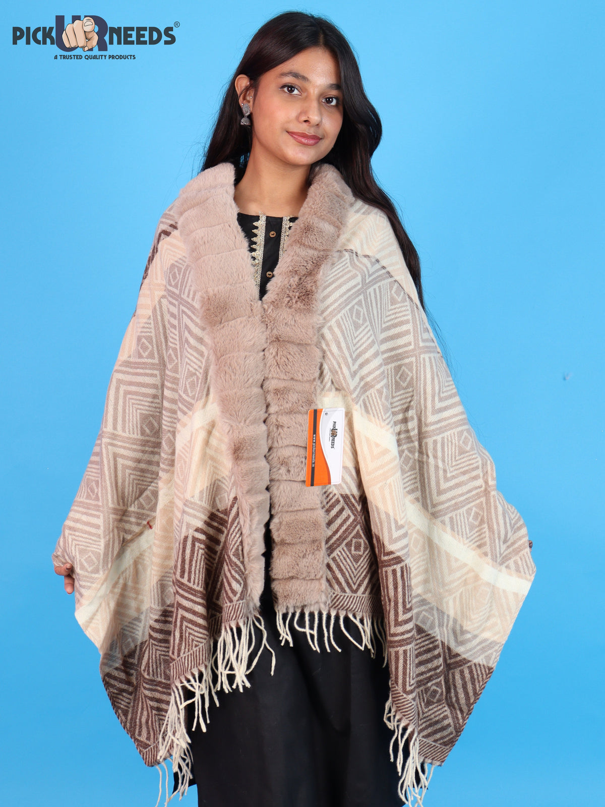 Pick Ur Needs Elegant Winter Soft & Warm Woolen Shawl with Faux Fur Border Multi Color Pattern Scarf