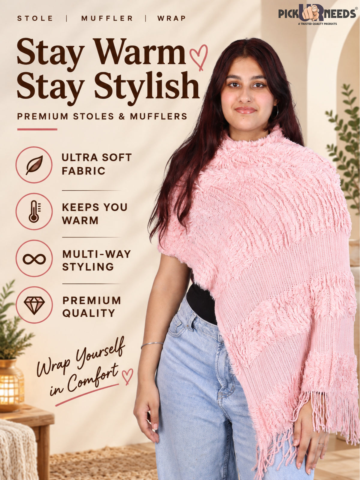 Pick Ur Needs Premium Winter Muffler for Women & Girls Soft Textured Woven with Fringe Detailing Warm Lightweight Neck Wrap