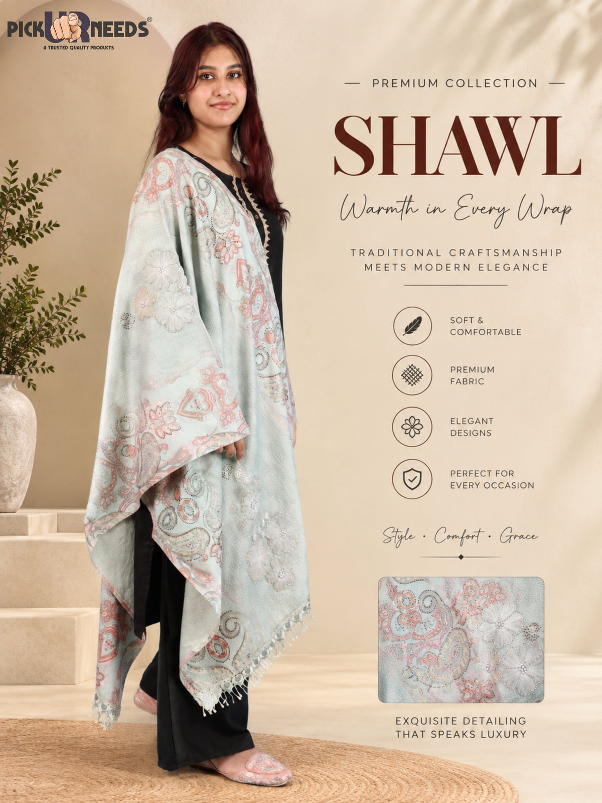 Pick Ur Needs Womens Designer Winter Elegant Floral Embellished Paisley Print Girls Shawl with Decorative Fringe Border