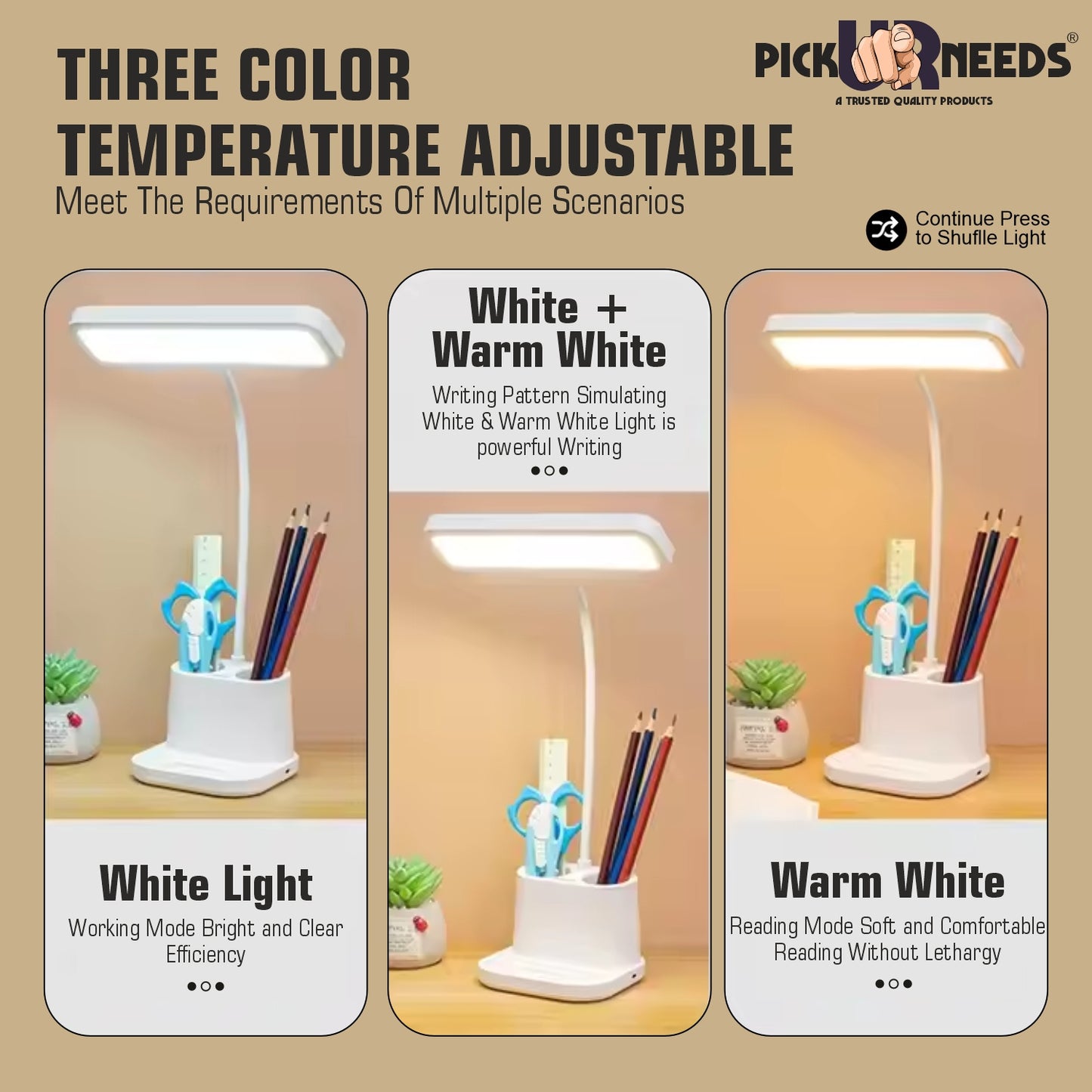 Pick Ur Needs Rechargeable LED Desk Study Table Lamp with Touch Dimmer, 3 Color Modes 6 hrs Lantern Emergency Light