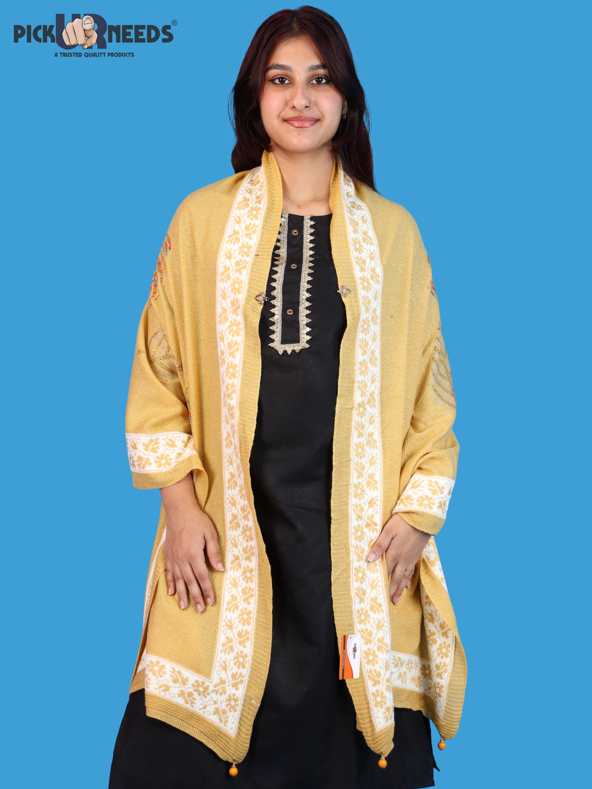 Pick Ur Needs Girls & Womens Winter Soft Lightweight Knitted Shawl with Leaf Design, Floral Border & Decorative Tassels