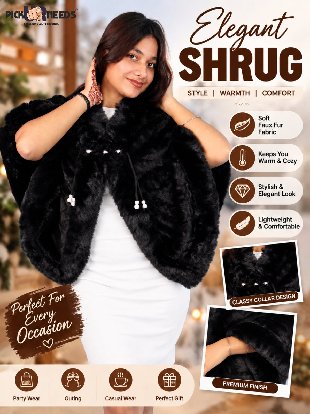 Pick Ur Needs Elegant Faux Fur Womens Shrug with Plush Collar,Soft Warm Winter Cape Poncho, Stylish Fluffy Shoulder Wrap for Ladies & Girls