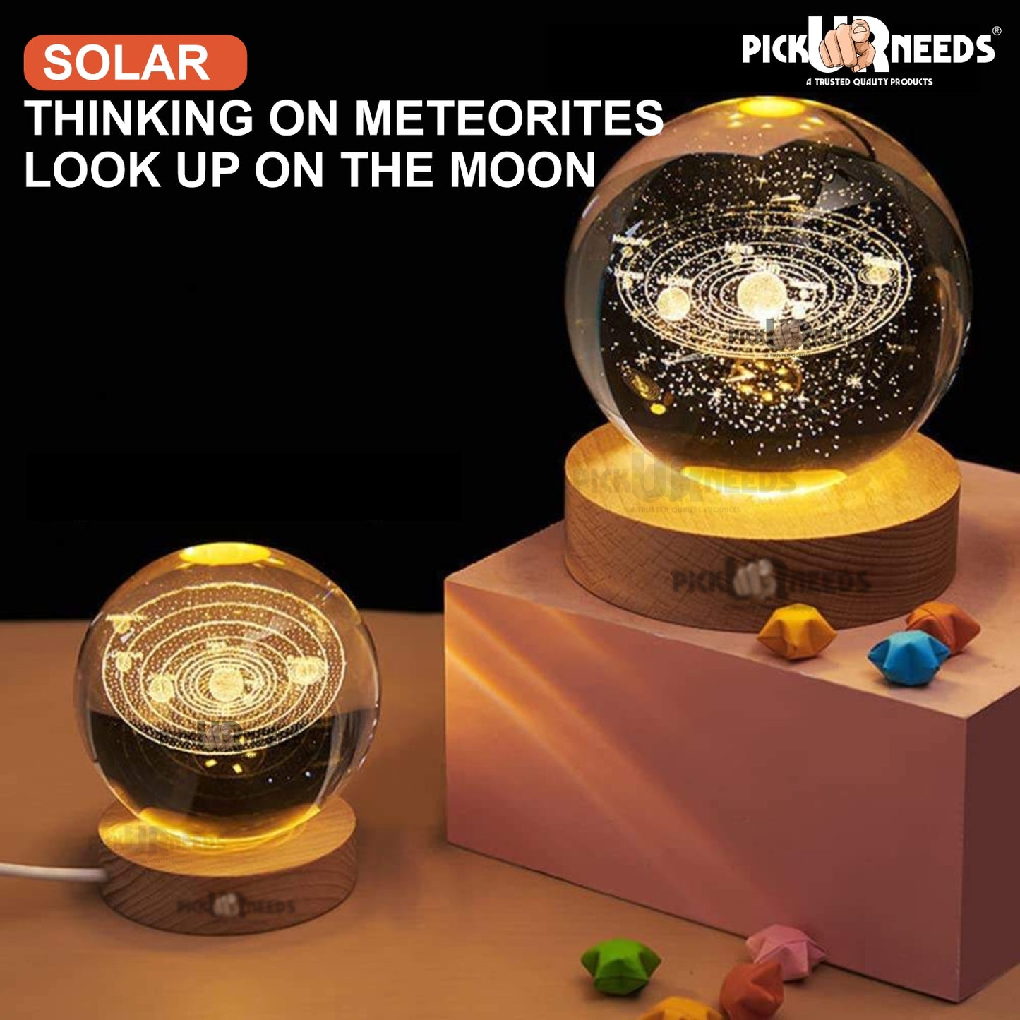 Pick Ur Needs 3D Galaxy Laxmi Ganesh Crystal Ball Night Light– Beech Wood Base– Decor for Home Night Lamp  (9.5 cm, Gold)