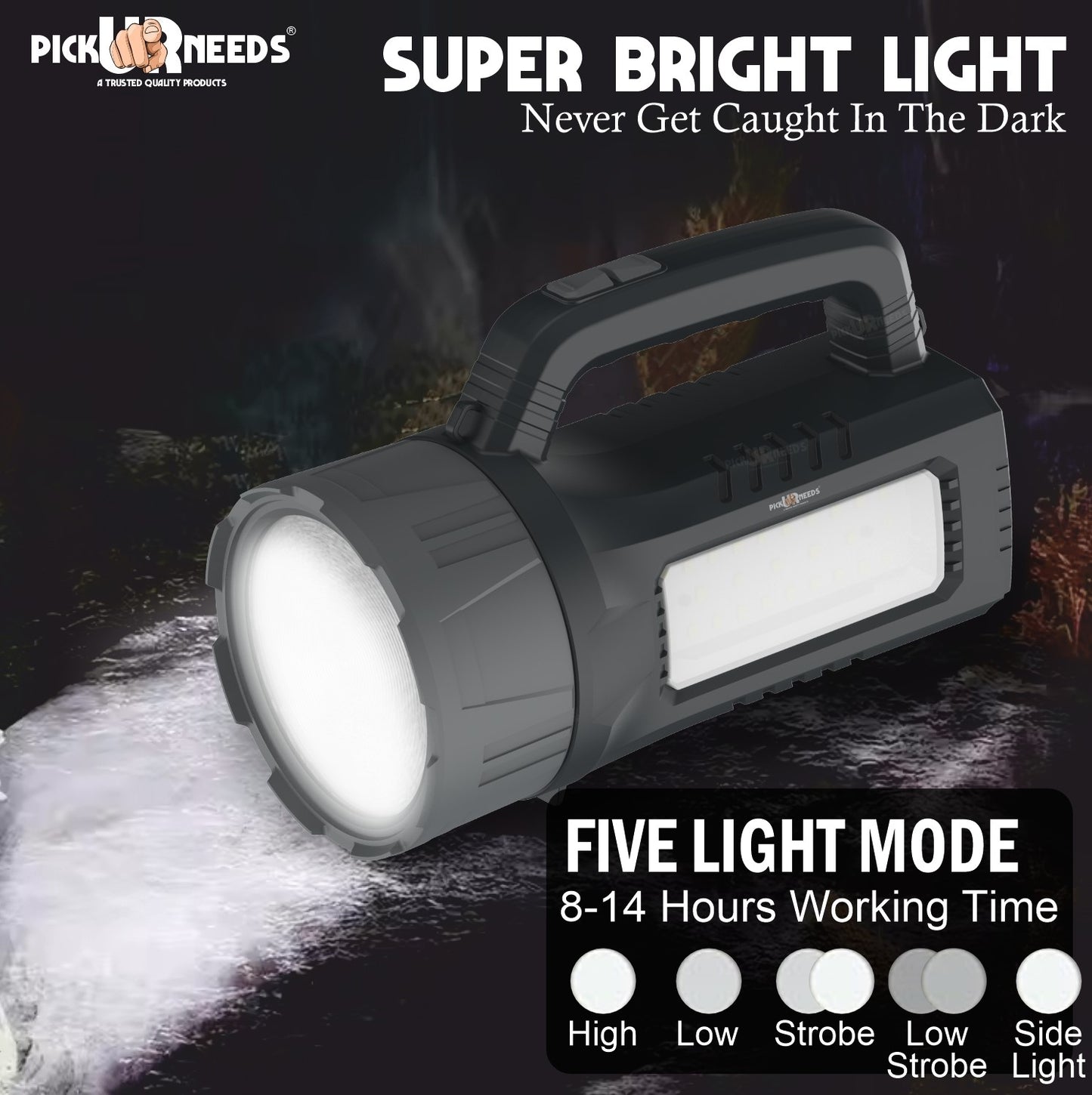 Pick Ur Needs Super Bright Zoomable 150W Long Range Rechargeable Search Laser Blinker Side COB Torch  (Grey, 11 cm, Rechargeable)