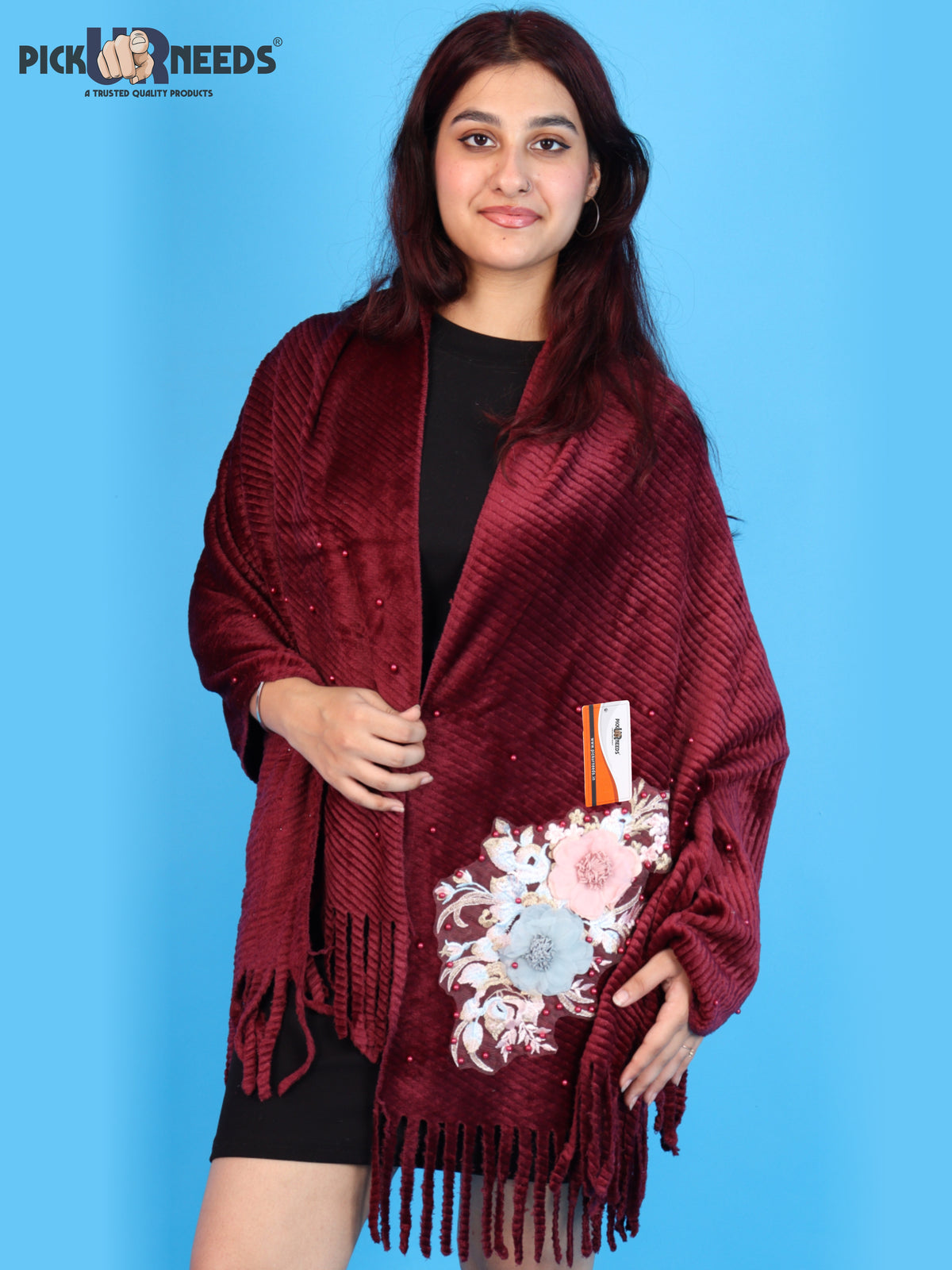 Pick Ur Needs Premium Floral Embroidered Winter Shawl Stole Soft Warm Wrap with Pearl Embellishments & Fringed Border For Girls & Womens