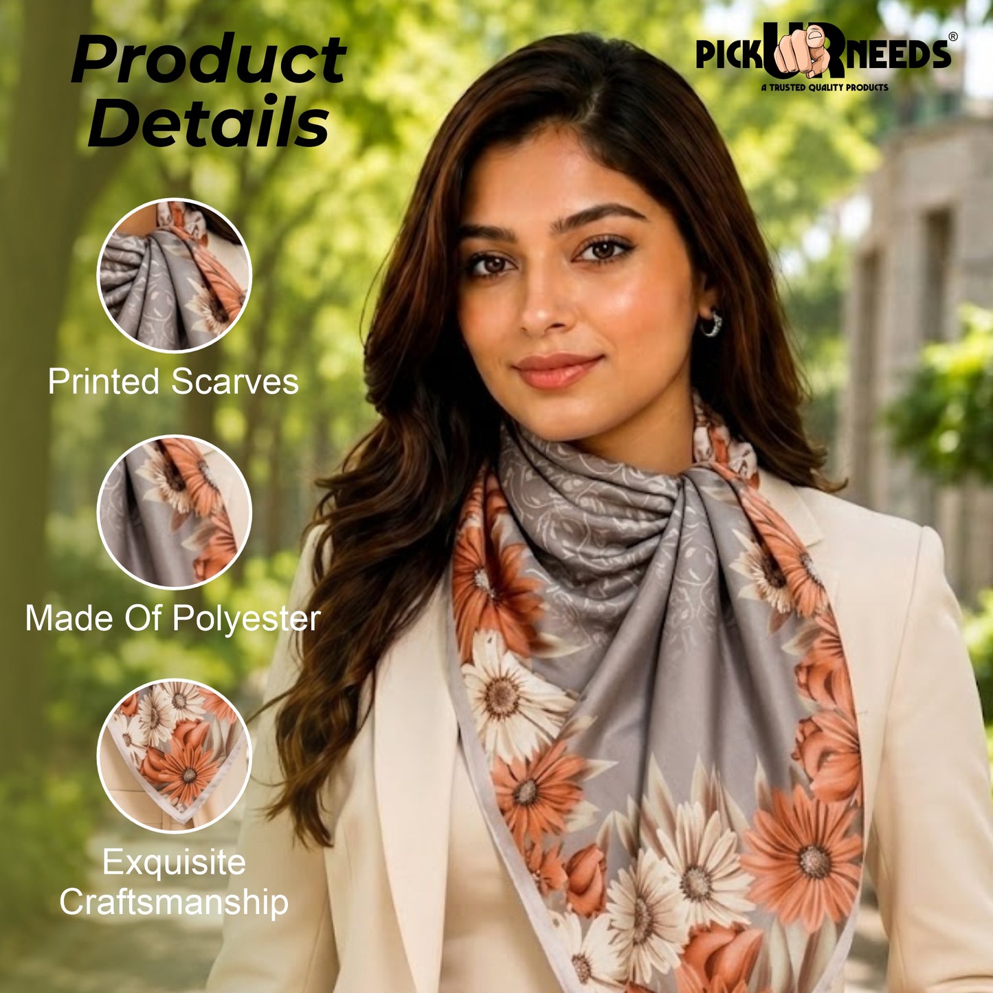 Pick Ur Needs Premium Summer Satin Silk Floral Printed Scarf for Womens & Girls Neck, Head, Shoulder Wrap Stole