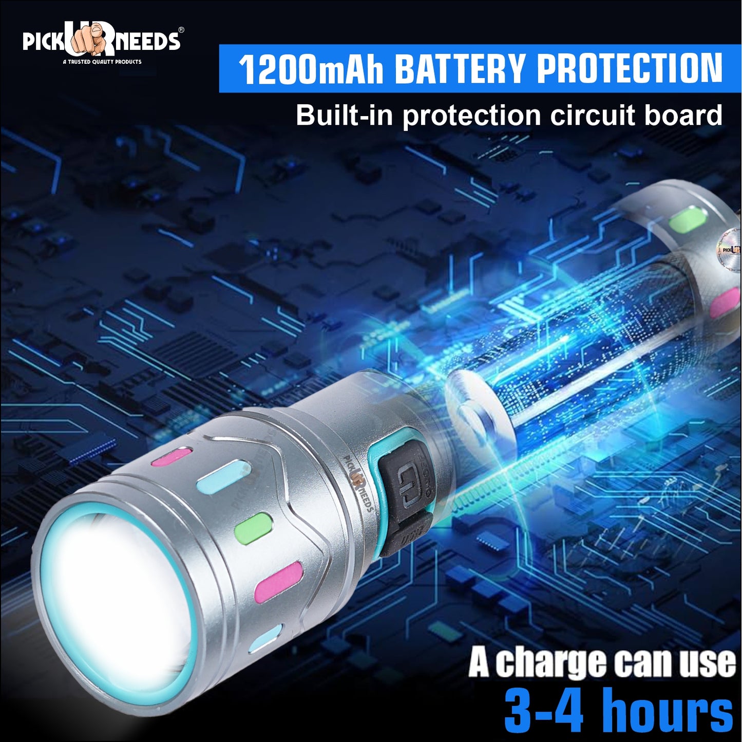 Pick Ur Needs Rechargeable 100W Small Search Metal Torch+3 Brightness Mode+Side RWB COB LED 3 hrs Torch Emergency Light