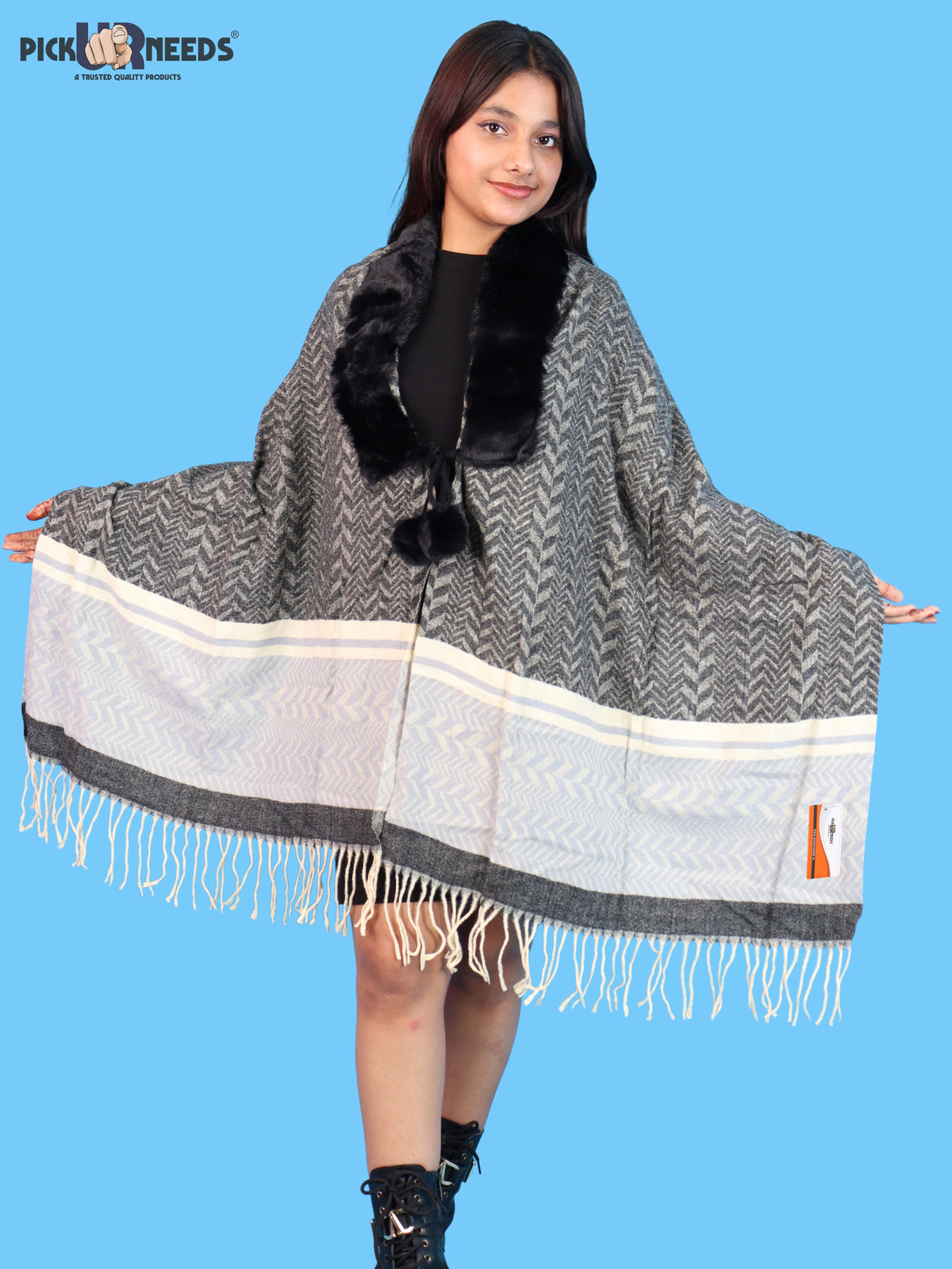 Pick Ur Needs Womens & Girls Designer Winter Shawl with Plush Fur Neckline & Patterned Border Soft Cozy Ladies Shoulder Wrap with Fringed Edges & Pom Pom Tassels