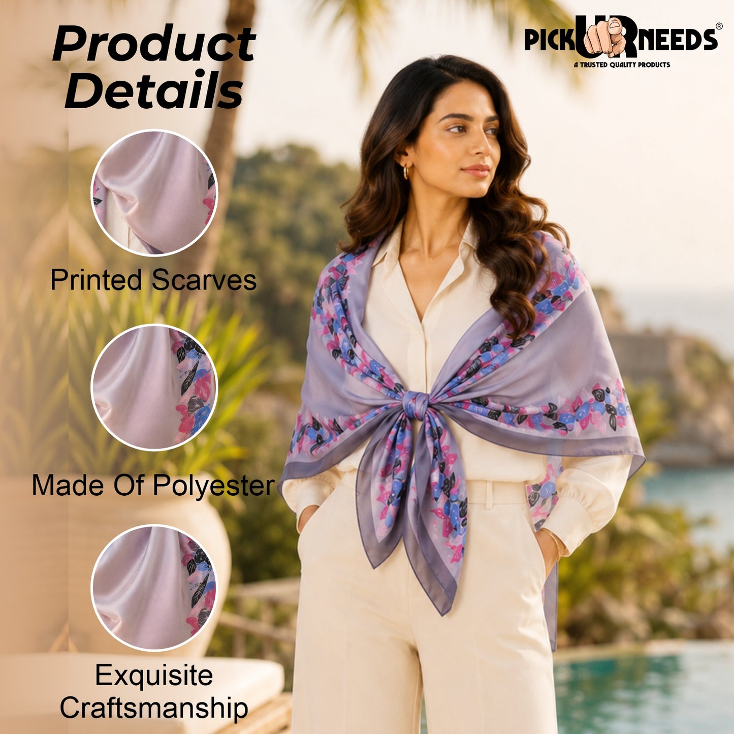 Pick Ur Needs Premium Satin Silk Feel Rectangle Scarf for Womens & Girls Floral Printed Long Fashion Stall Soft Lightweight Neck, Head & Shoulder Wrap