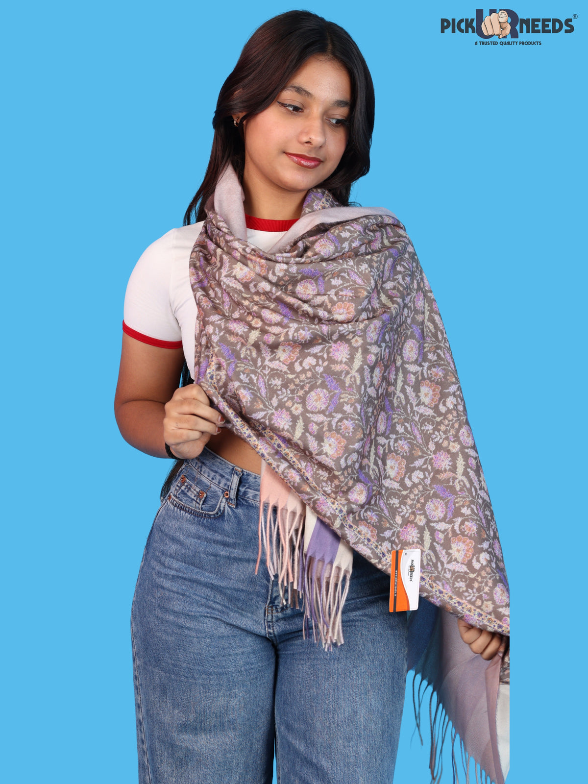 Pick Ur Needs Women & Girls Soft Woolen Shawl Elegant Floral Design Winter Neck Scarf with Decorative Border & Fringes