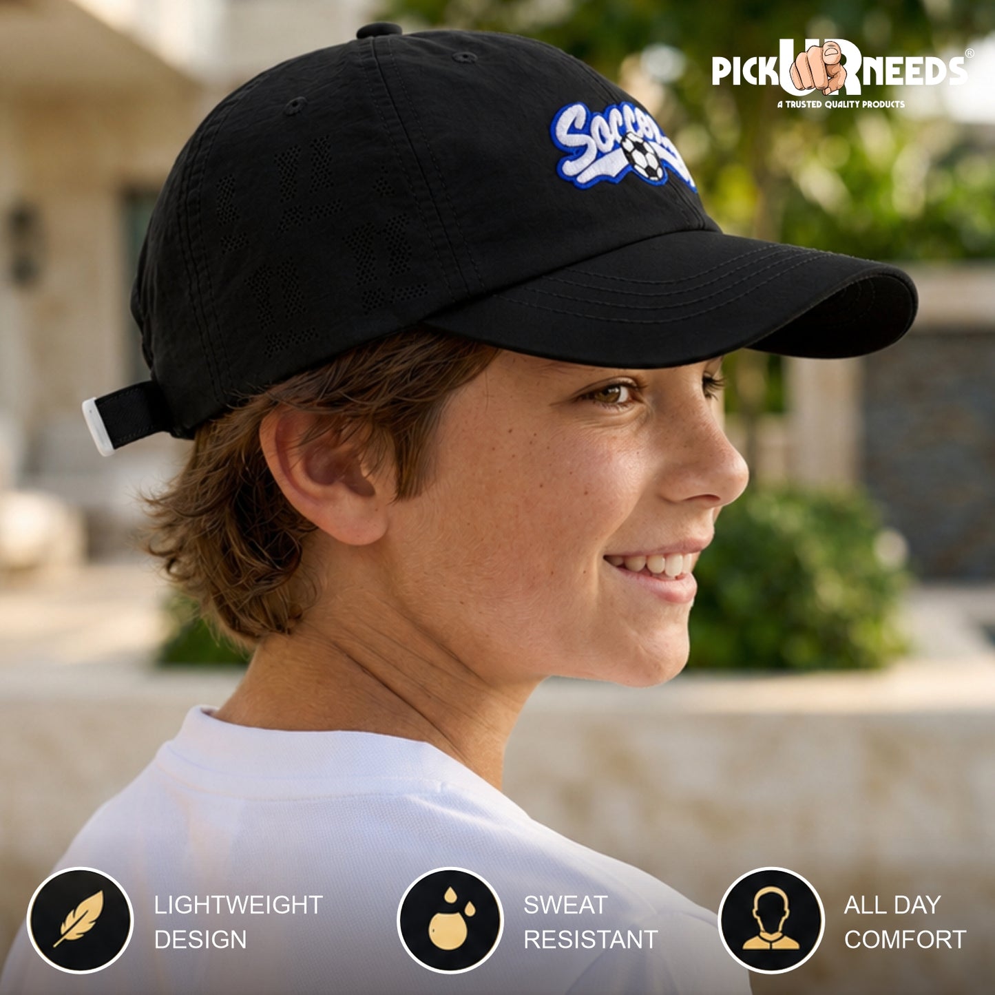 Pick Ur Needs Soccer Embroidered Performance Baseball Cap for Kids & Teens – Breathable Sun Protection Sports Hat, Adjustable Lightweight Soccer Caps