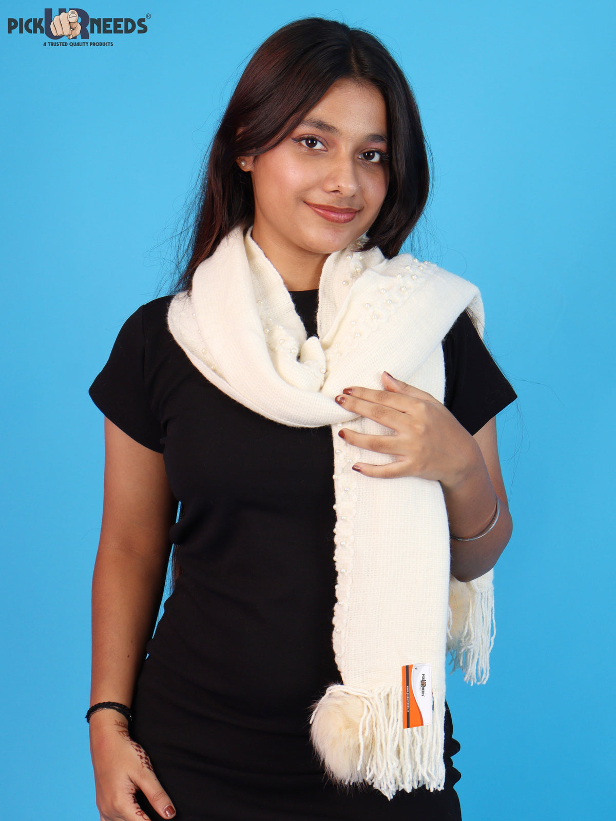 Pick Ur Needs Women & Girls Elegant Woolen Shawl with Beaded Border & Fringed Ends, Soft Warm Lightweight Winter Wrap Stole