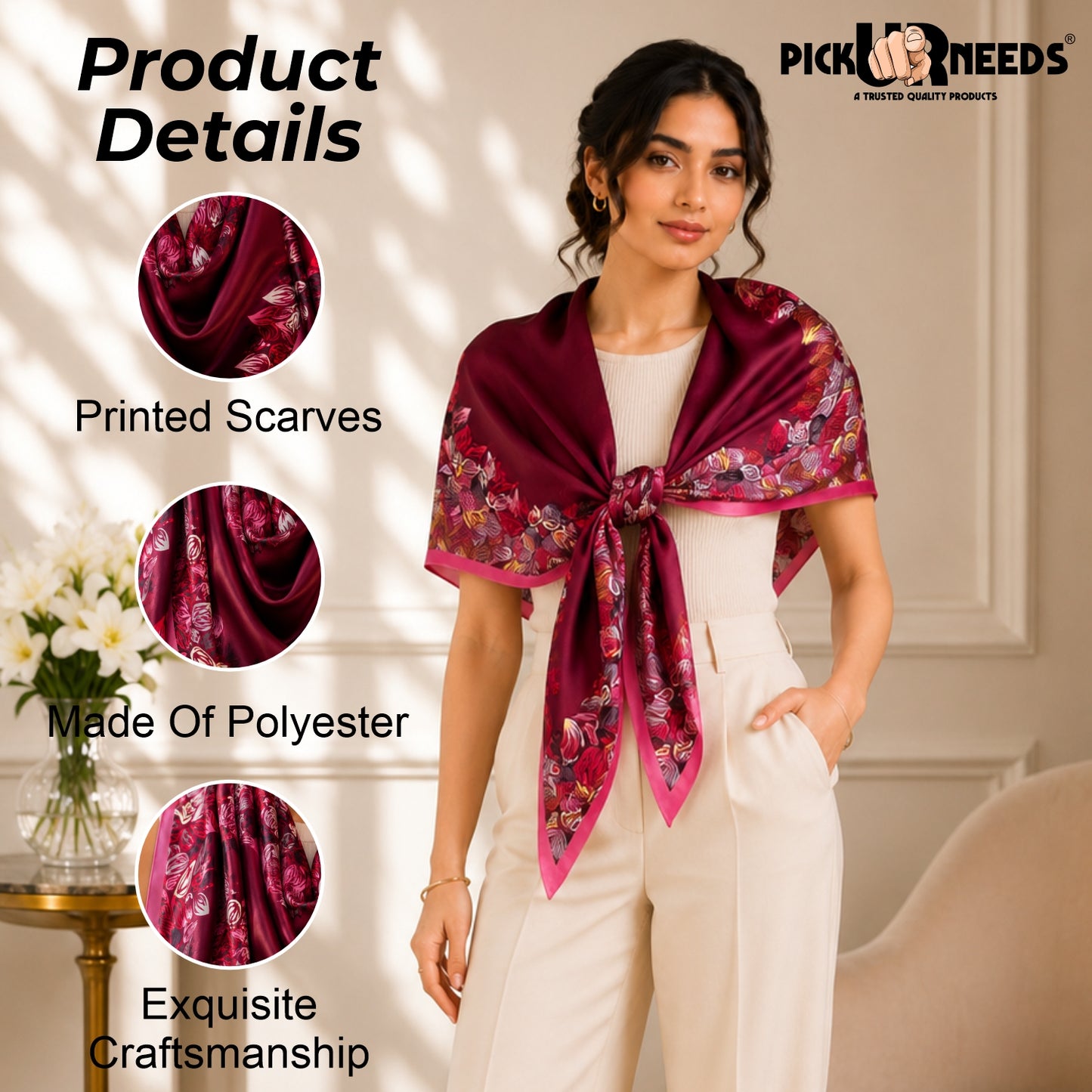 Pick Ur Needs Premium Satin Silk Feel Rectangle Scarf for Womens & Girls Floral Printed Long Fashion Stall Soft Lightweight Neck, Head & Shoulder Wrap