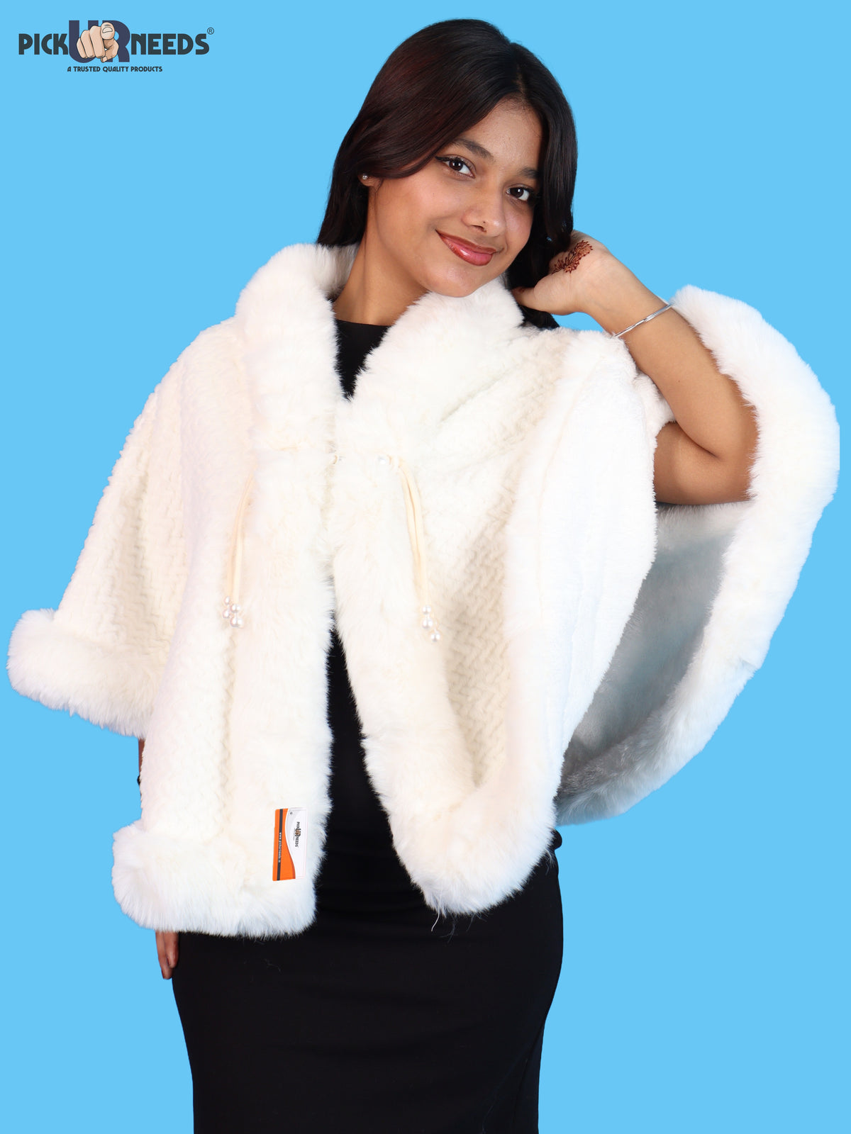 Pick Ur Needs Ladies Winter Shrug with Plush Fur Style Border & Pearl Bead Accents Textured Soft Fabric Open Front Cape Poncho with Wide Sleeves for Girls & Women
