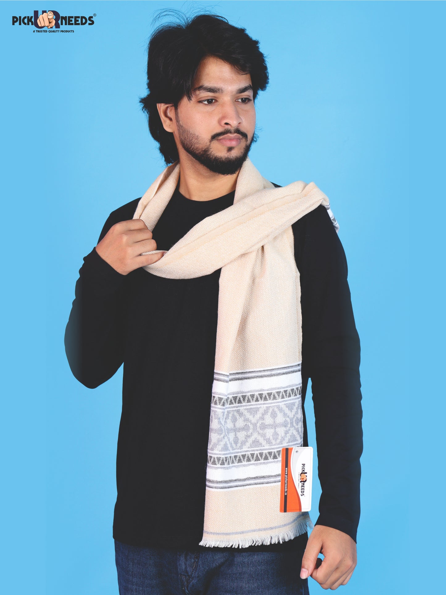 Pick Ur Needs Kullu Muffler for Men & Boys Traditional Woolen Winter Scarf with Elegant Woven Pattern & Fringed Ends Soft Warm Stole for Men