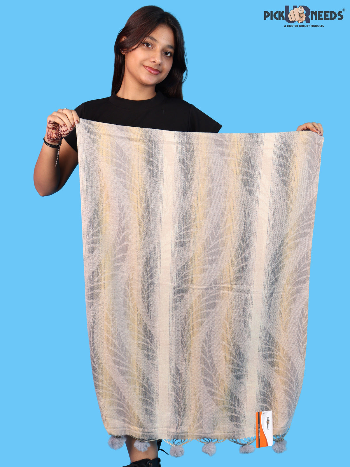 Pick Ur Needs Womens Designer Woolen Shawl & Stole with Elegant Leaf Pattern and Pom Pom Tassels, Winter Soft Warm Lightweight Winter Wrap