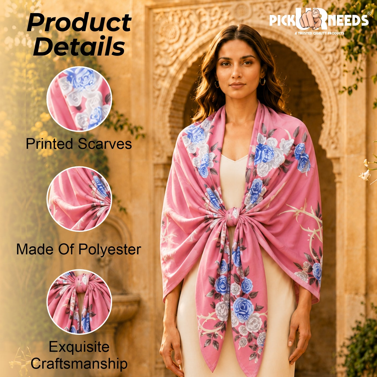 Pick Ur Needs Summer Silk Floral Printed Scarf for Womens & Girls Elegant Neck, Head & Shoulder Wrap Soft Lightweight Fashion Stole