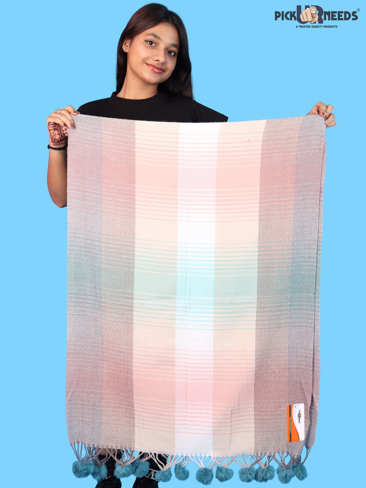 Pick Ur Needs Women & Girls Winter Shawl Soft Warm Striped Pattern Shawl with Tassel & Pom Pom Border Stylish Ladies Winter Wrap
