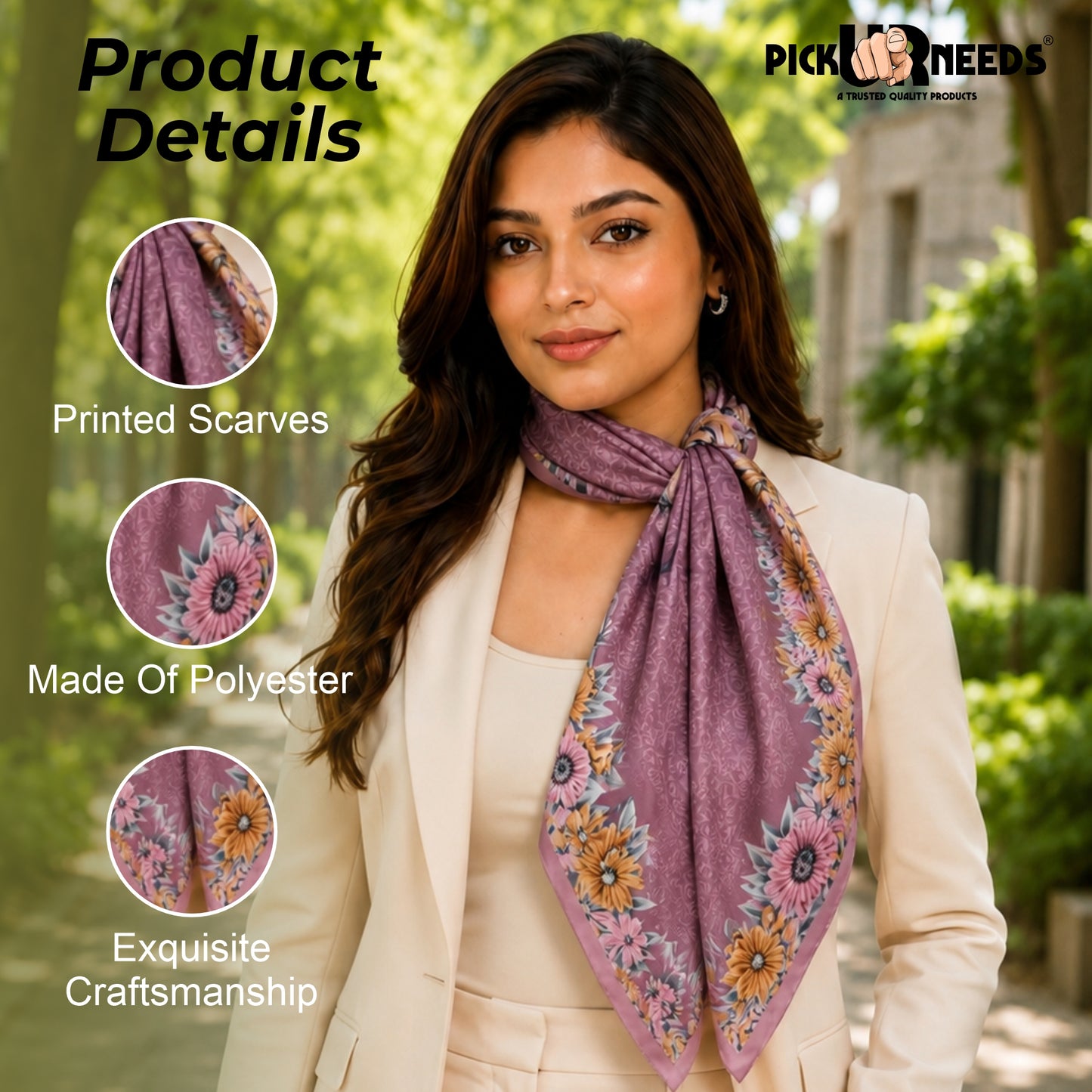 Pick Ur Needs Premium Summer Satin Silk Floral Printed Scarf for Womens & Girls Neck, Head, Shoulder Wrap Stole