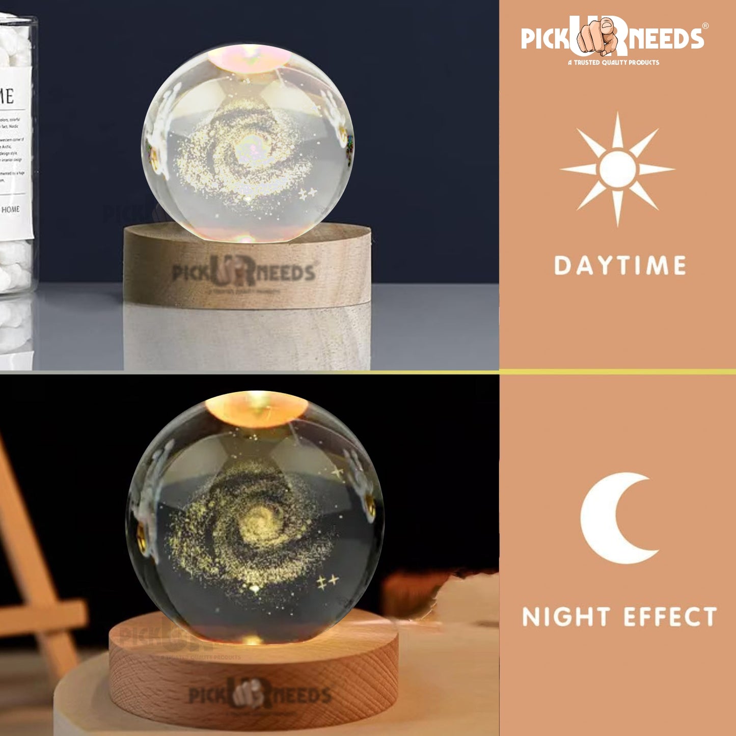 Pick Ur Needs 3D Galaxy Laxmi Ganesh Crystal Ball Night Light– Beech Wood Base– Decor for Home Night Lamp  (9.5 cm, Gold)