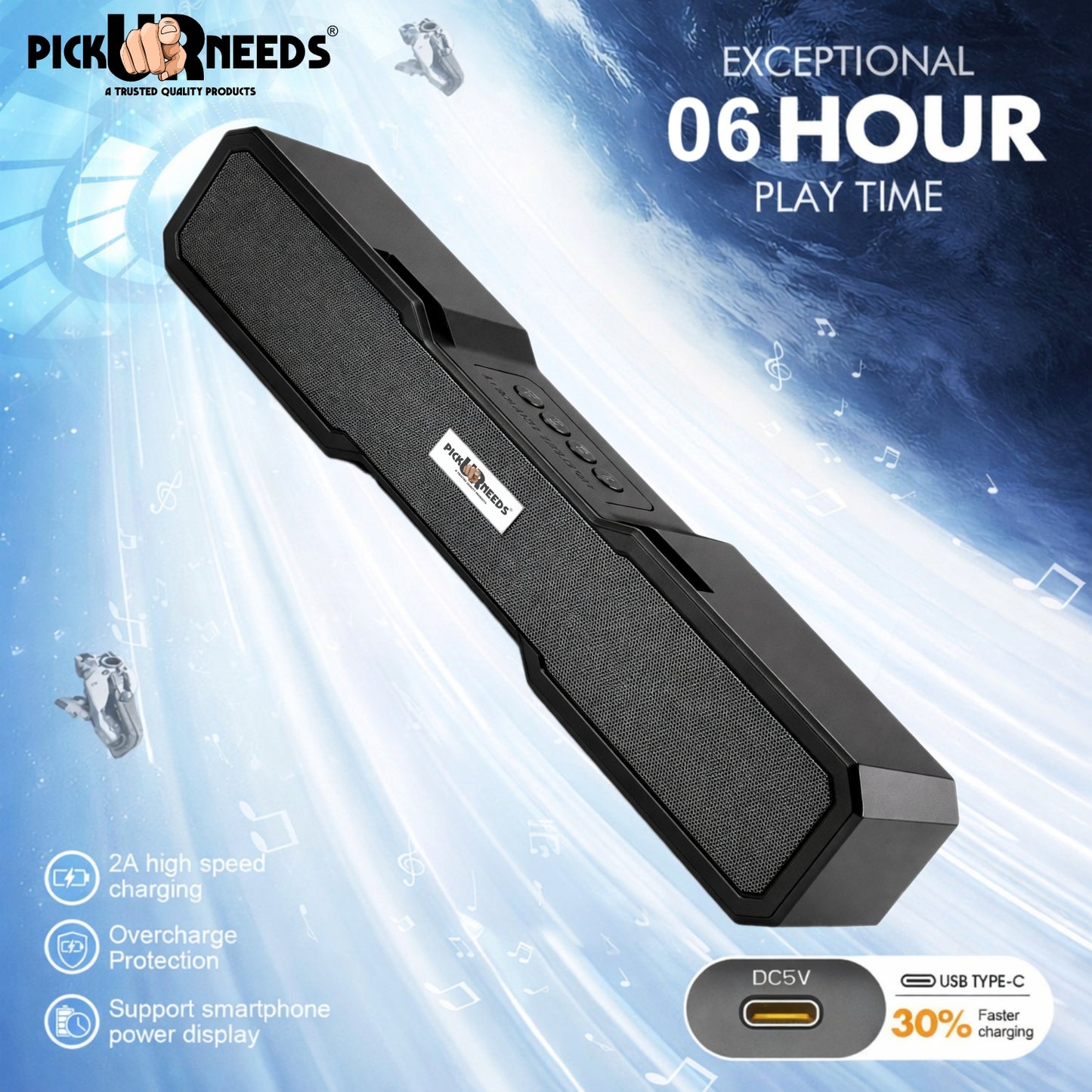 Pick Ur Needs Rechargeable 10W Smart Wireless Desktop Soundbar Speaker with Bluetooth 2400mAh Battery, FM Radio, TWS, TF Card, USB & AUX Support – 6 Hours Playtime