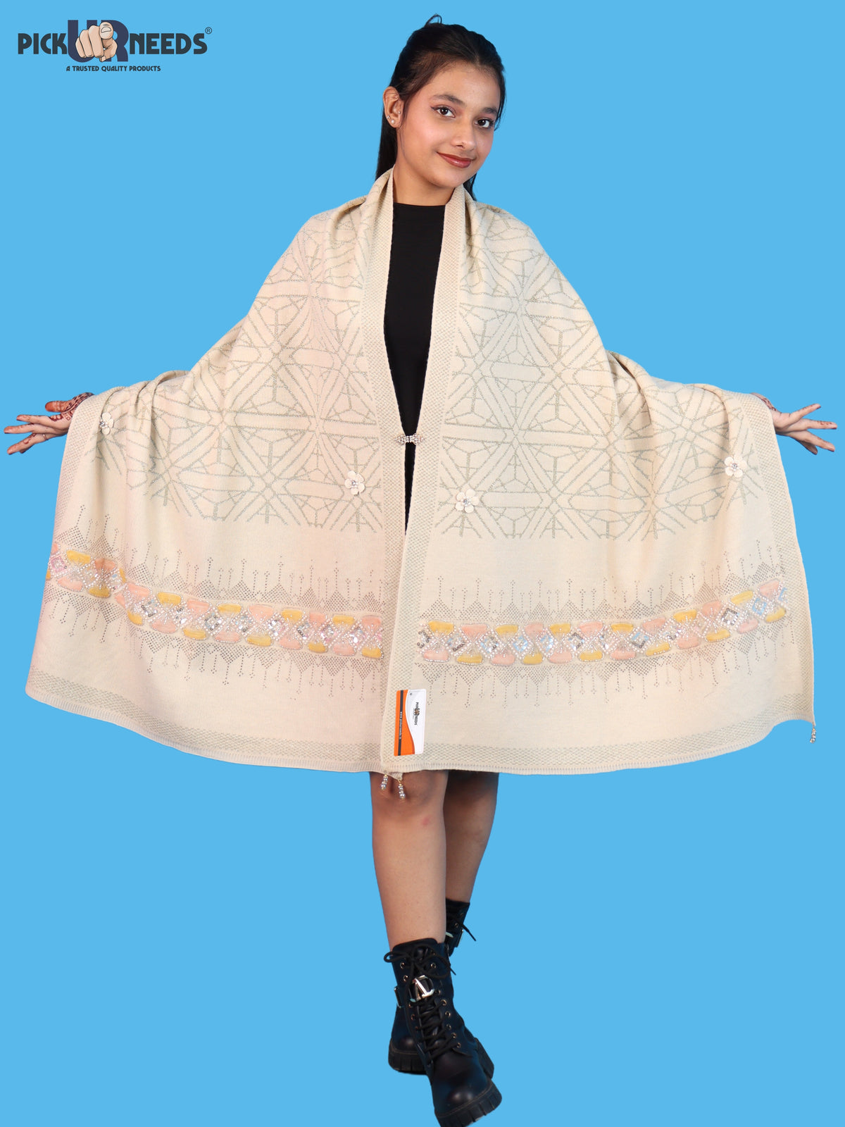 Pick Ur Needs Womens Soft Woolen Winter Girls Shawl with Elegant Geometric Design & Floral Embellishments Lightweight Warm Comfortable Ladies Shawl