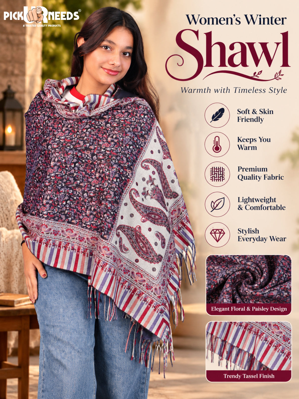Pick Ur Needs Women Winter Shawl & Muffler Soft Warm Floral Paisley Printed Stole with Tassels Stylish Lightweight Neck Wrap Scarf for Women & Girls