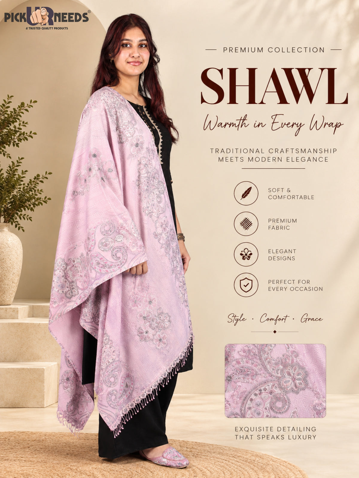 Pick Ur Needs Womens Designer Winter Elegant Floral Embellished Paisley Print Girls Shawl with Decorative Fringe Border