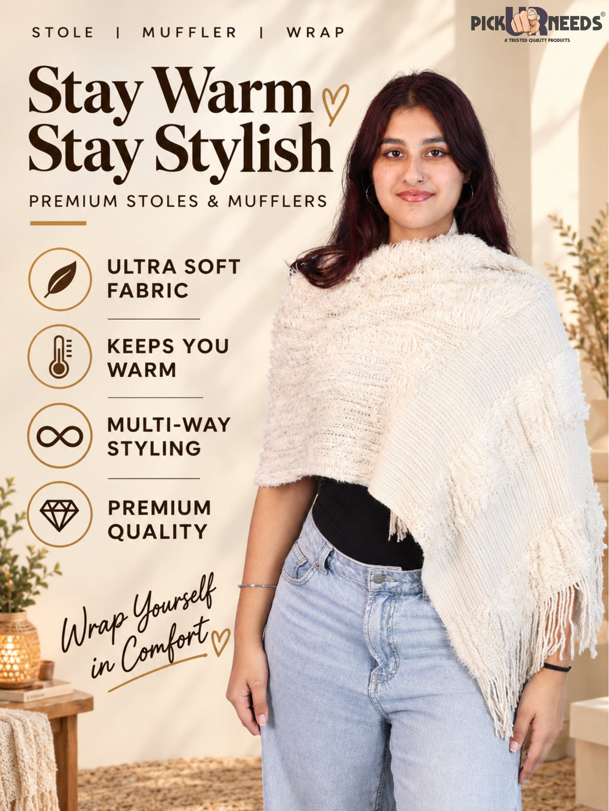 Pick Ur Needs Warm Winter Shawl & Stole for Women & Girls Soft Textured Woven Wrap with Fringe Detailing