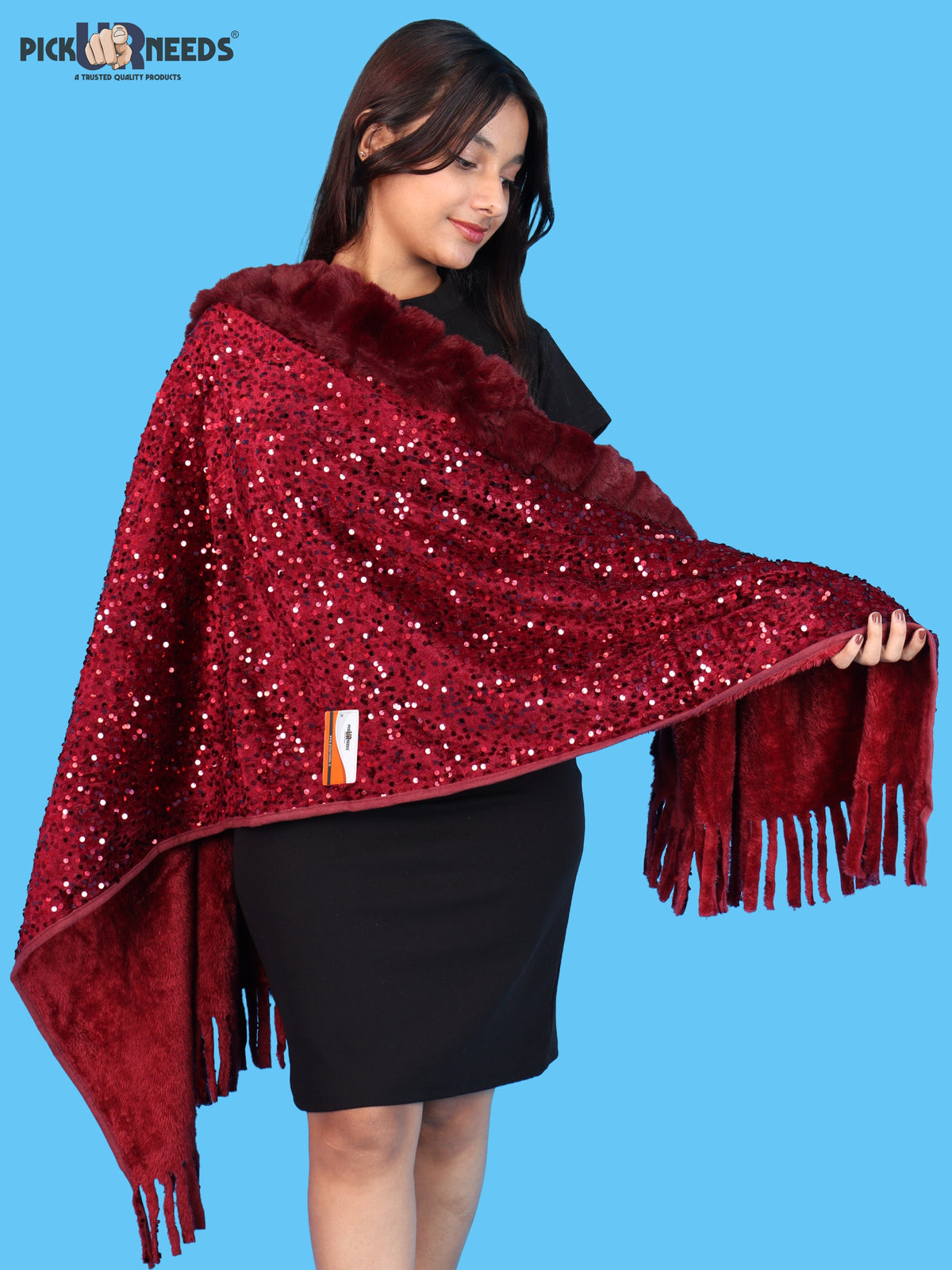 Pick Ur Needs Premium Winter Women Shawl with Shimmering Sequin Work & Soft Fur Border Elegant Warm Designer Shawls with Fringe Tassels for Ladies & Girls