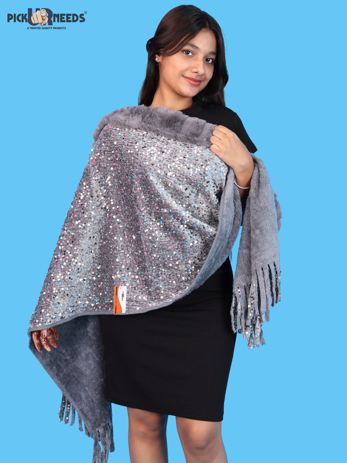 Pick Ur Needs Premium Winter Women Shawl with Shimmering Sequin Work & Soft Fur Border Elegant Warm Designer Shawls with Fringe Tassels for Ladies & Girls