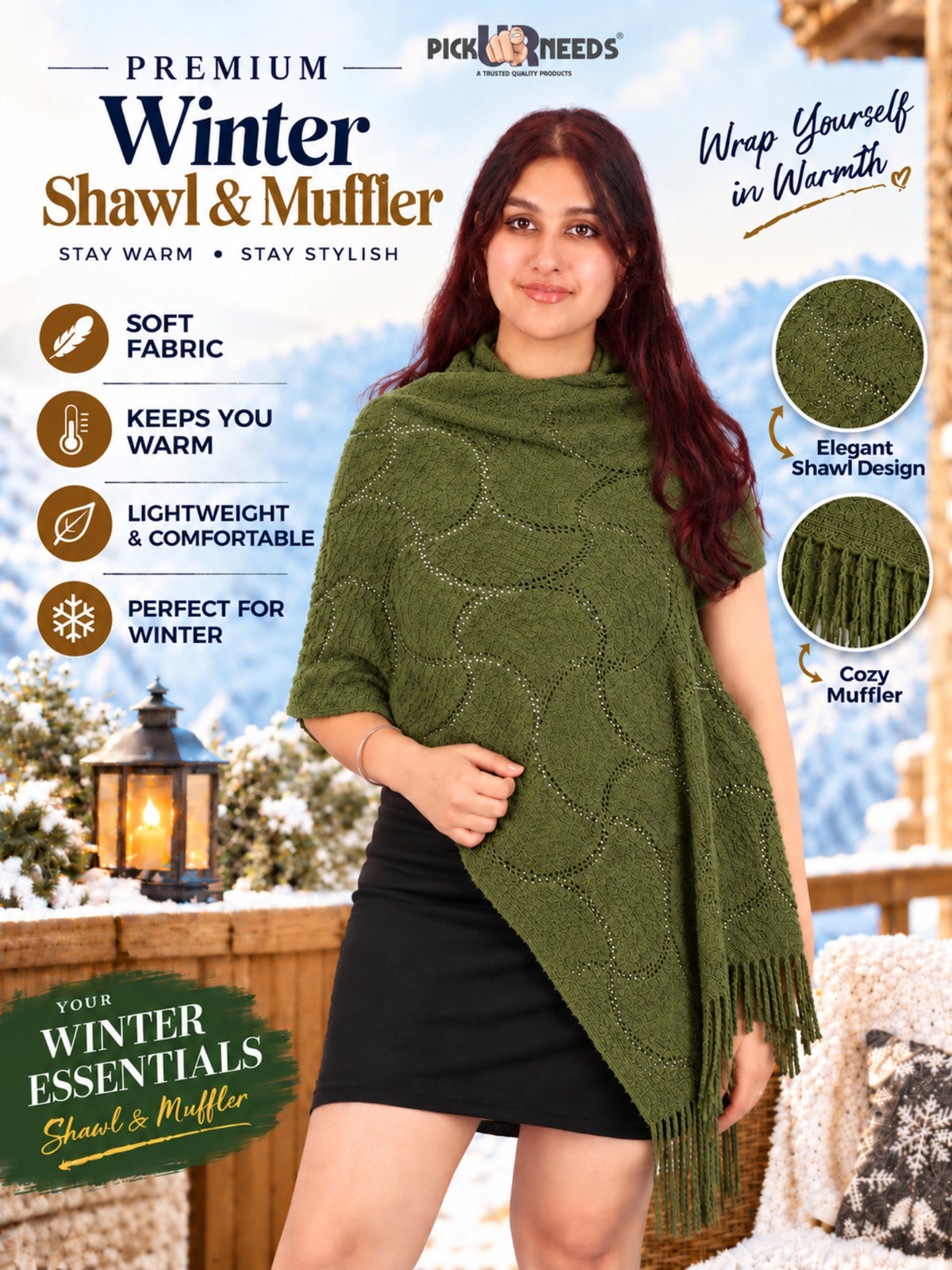 Pick Ur Needs Women & Girls Winter Warm Woolen Shawl Stole with Pearl Work & Fringes – Soft Stylish Wrap